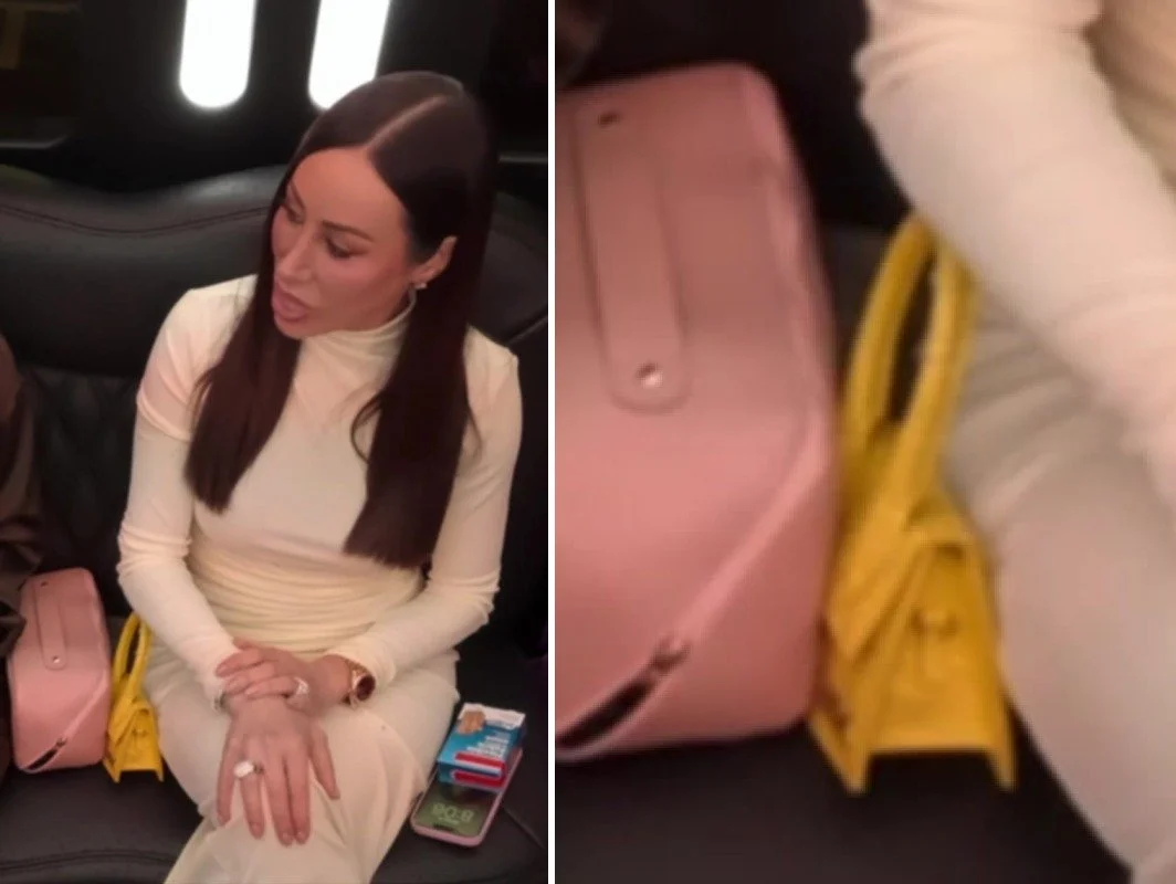 Side-by-side of Angie Katsanevas in a cream turtleneck on a party bus next to a small sunshine-yellow top-handle Jacquemus Le Chiquito bag