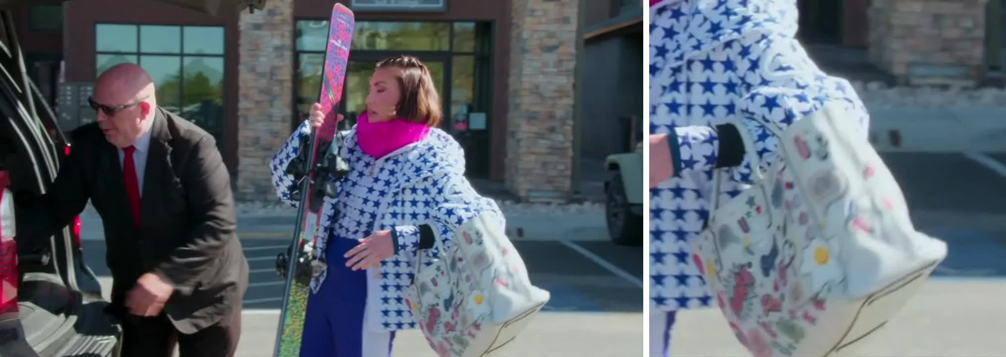 Bronwyn Newport in a blue star-print ski jacket, beside a close-up of her Anya Hindmarch Ebury tote covered in sticker-style leather patches.