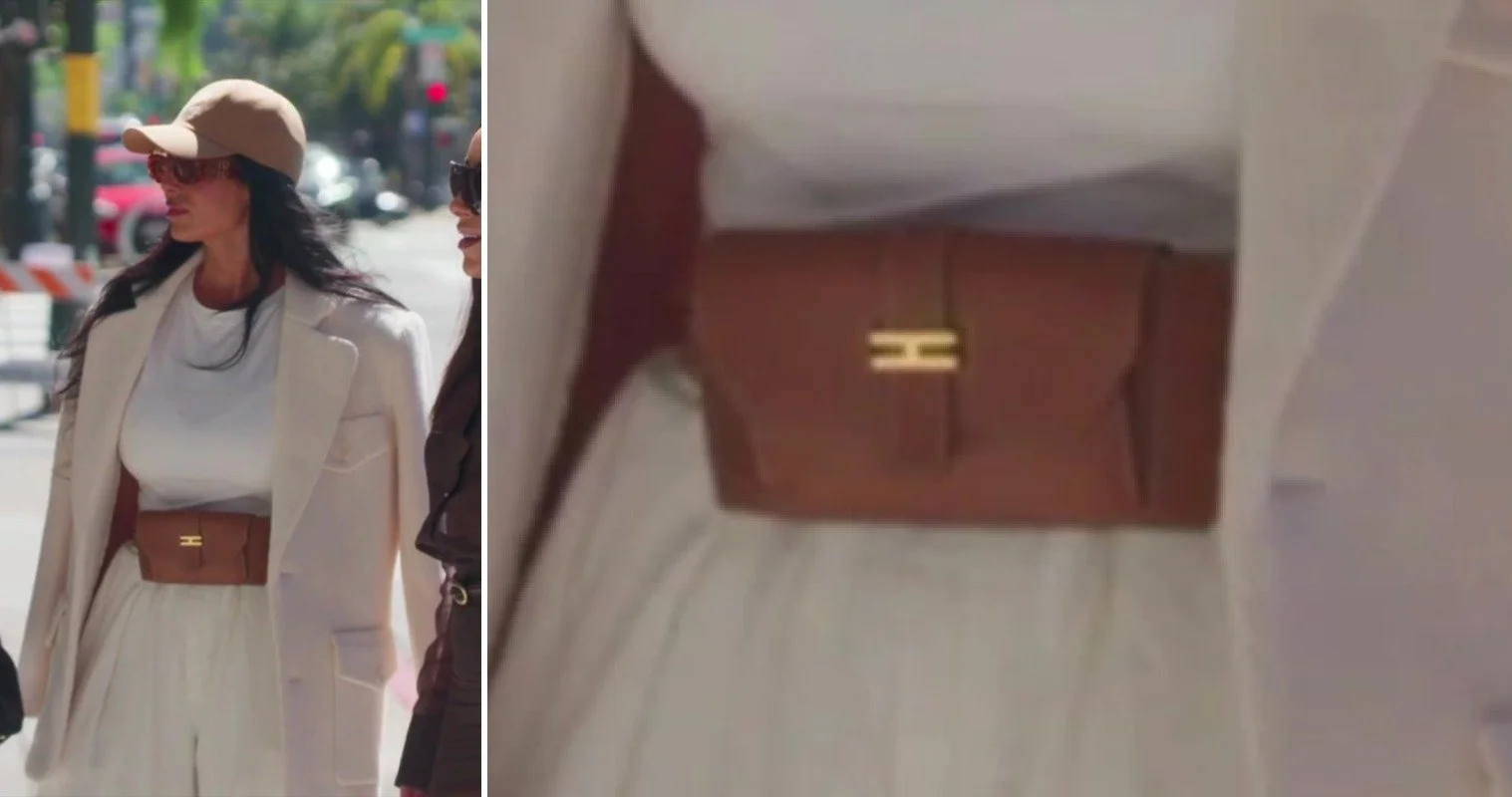 Side-by-side of Quai in a cream suit and cap and a close-up of the tan leather Hermès Constance-style belt bag with an H clasp at her waist