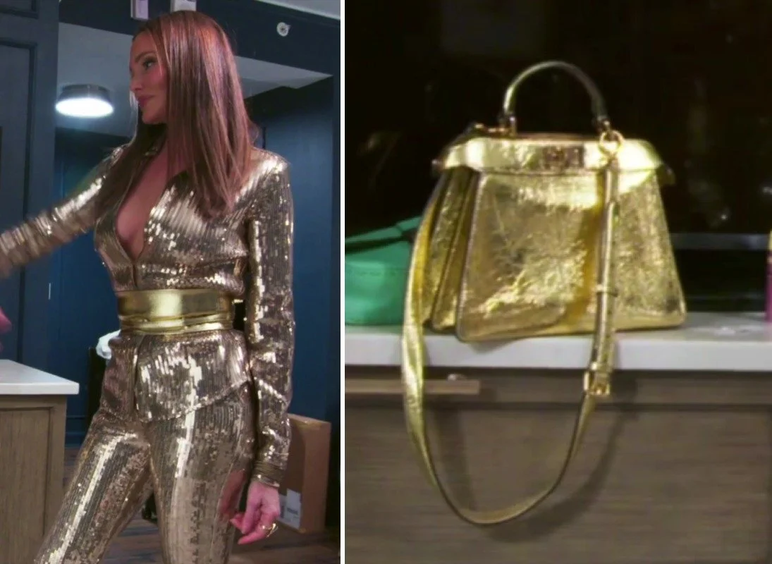 Side-by-side of Meredith Marks in a gold sequin jumpsuit next to a gold metallic laminated leather Fendi Peekaboo ISeeU bag with twin twist-lock compartments
