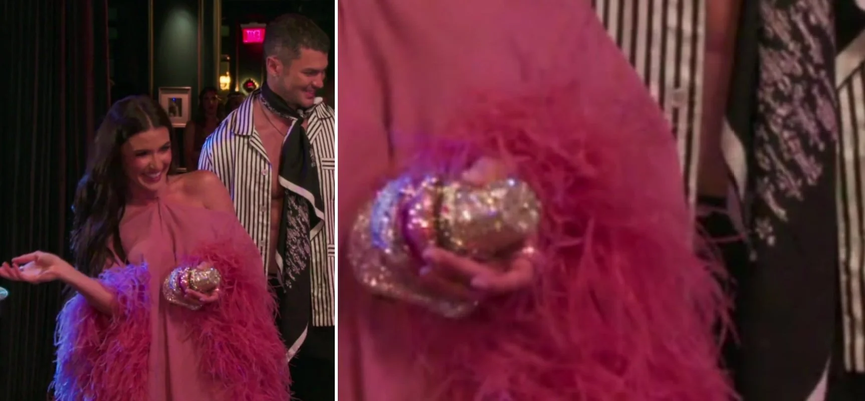 Side-by-side of Bronwyn Newport in a pink halter gown with pink feathers next to a palm-sized gold crystal Judith Leiber minaudière