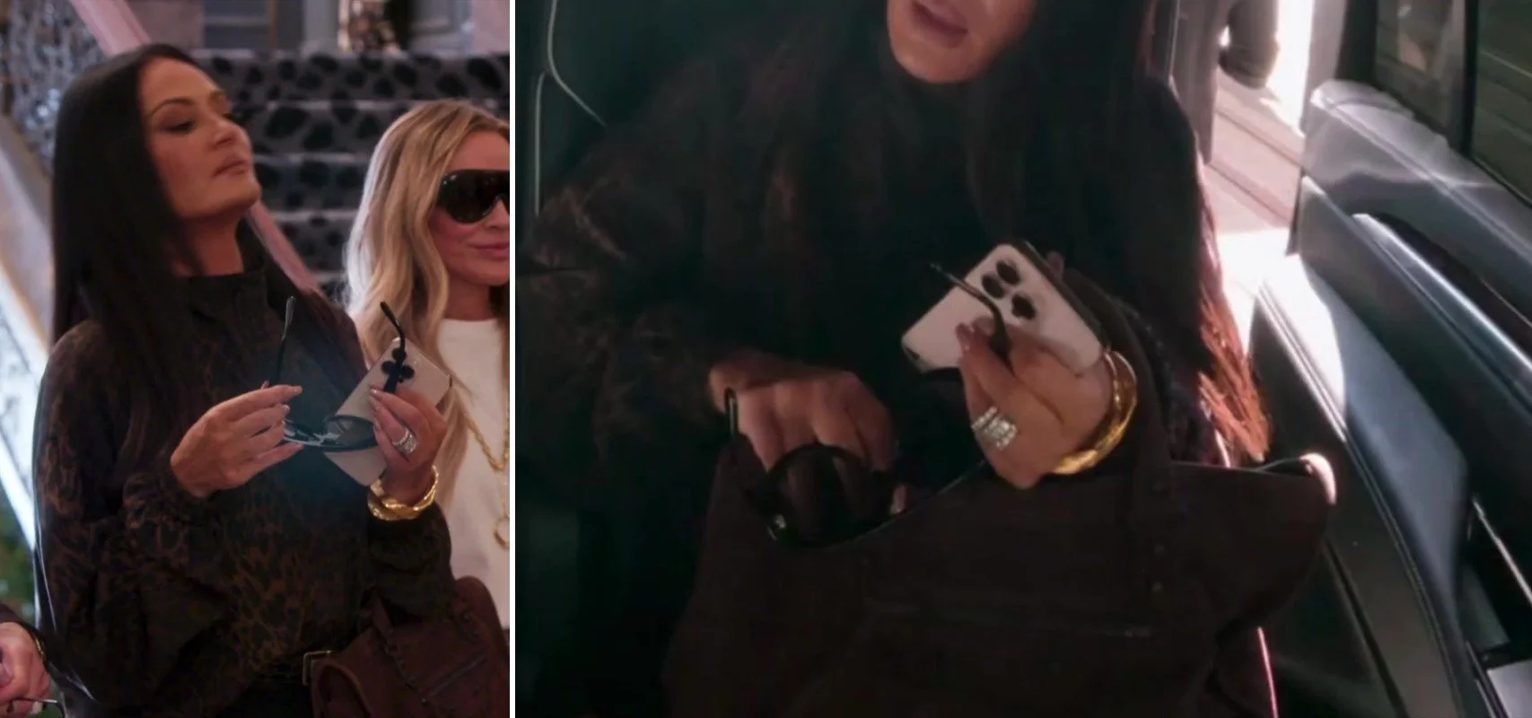Side-by-side of Lisa Barlow carrying a slouchy burgundy studded bag next to a Balenciaga Le City in burgundy