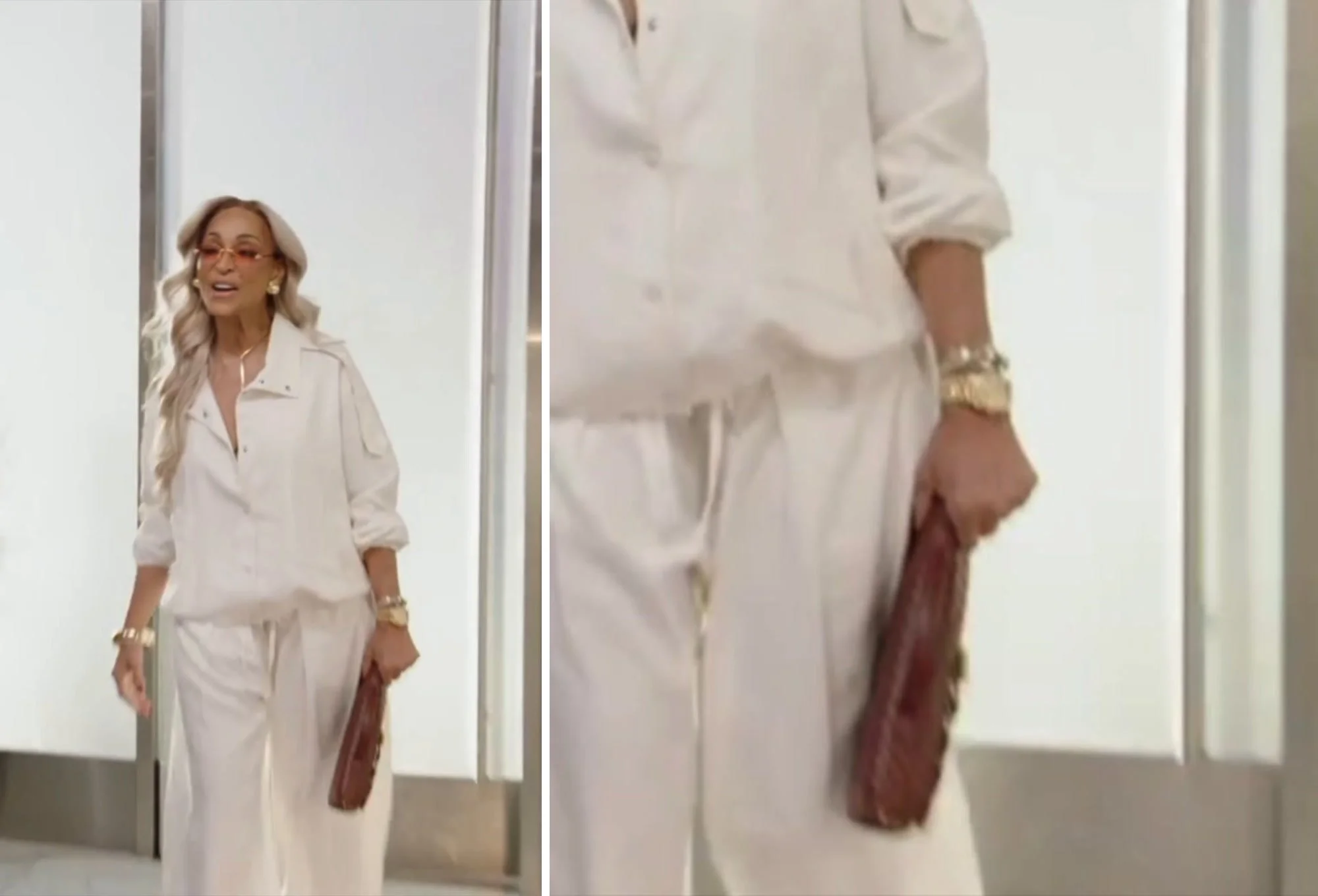 Karen Huger in an all-white shirt and wide-leg trousers with gold jewelry (left), and a close-up of her burgundy woven clutch (right).