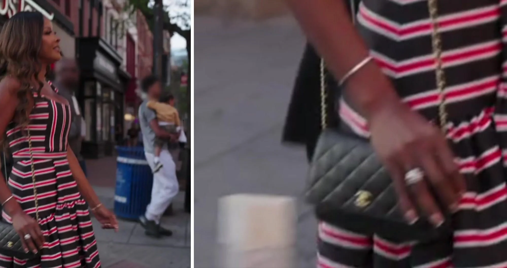 Stacey Rusch in a red, white and black striped strapless dress on the street (left), and a close-up of her black quilted Chanel bag on a gold chain (right).