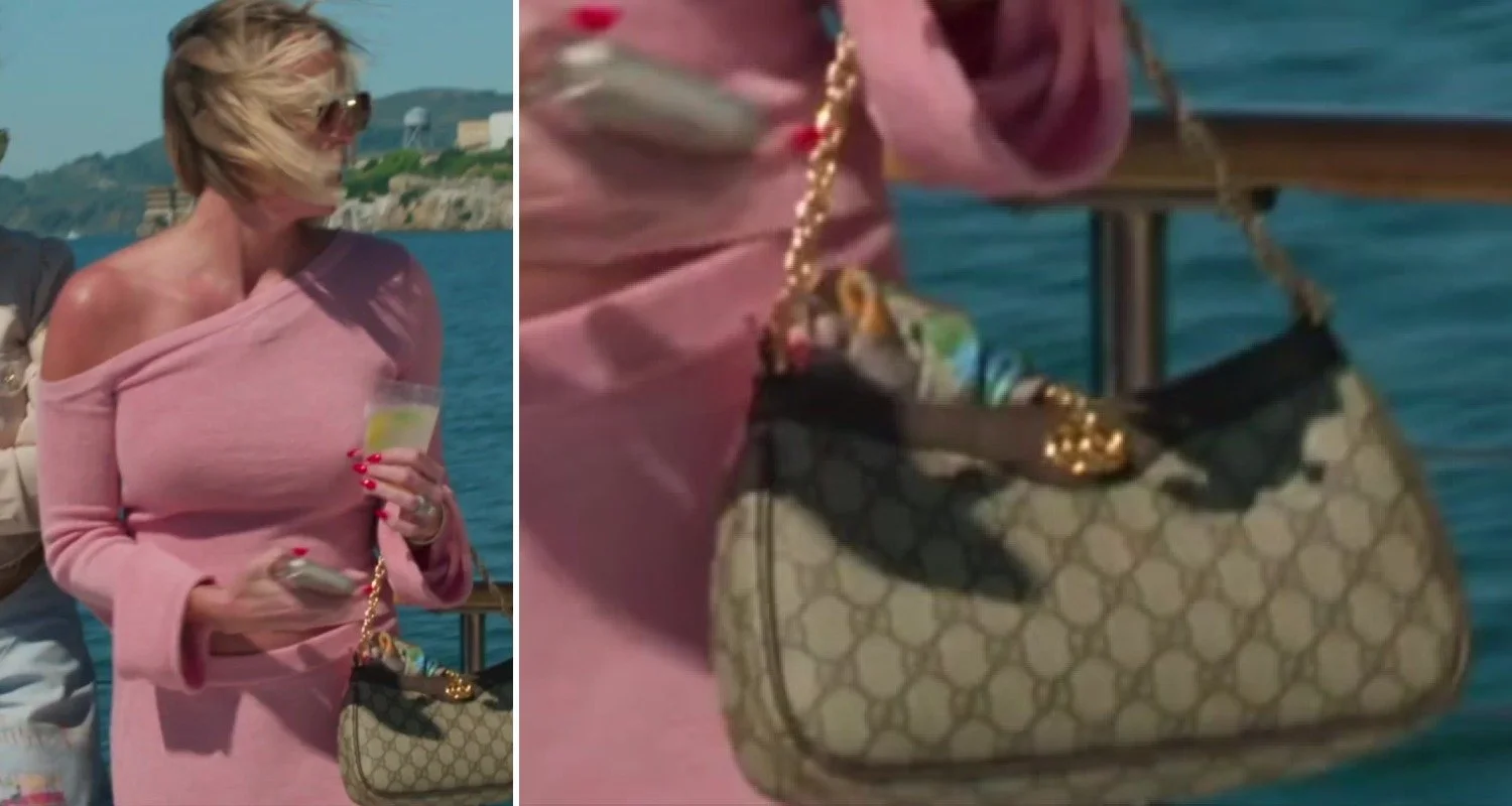 Side-by-side of Whitney Rose in a pink off-the-shoulder knit on a boat next to a beige GG Supreme canvas shoulder bag with a gold chain strap and Double G hardware
