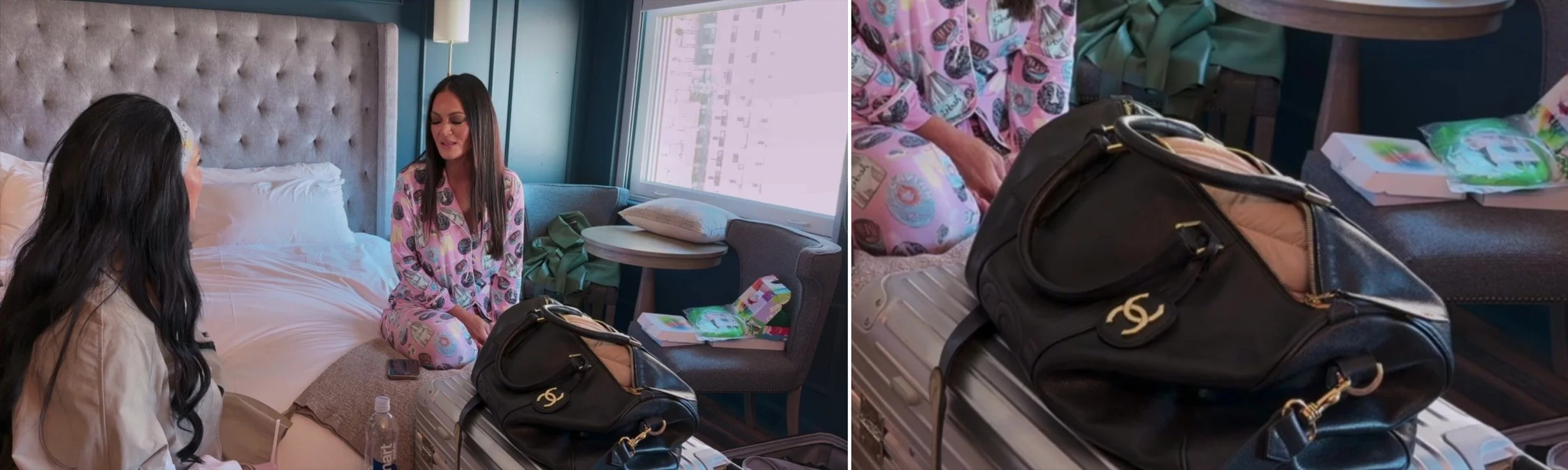 Side-by-side of a housewife in a San Francisco hotel room next to a black grained-leather Chanel-style duffle with a gold CC, sitting on a Rimowa suitcase