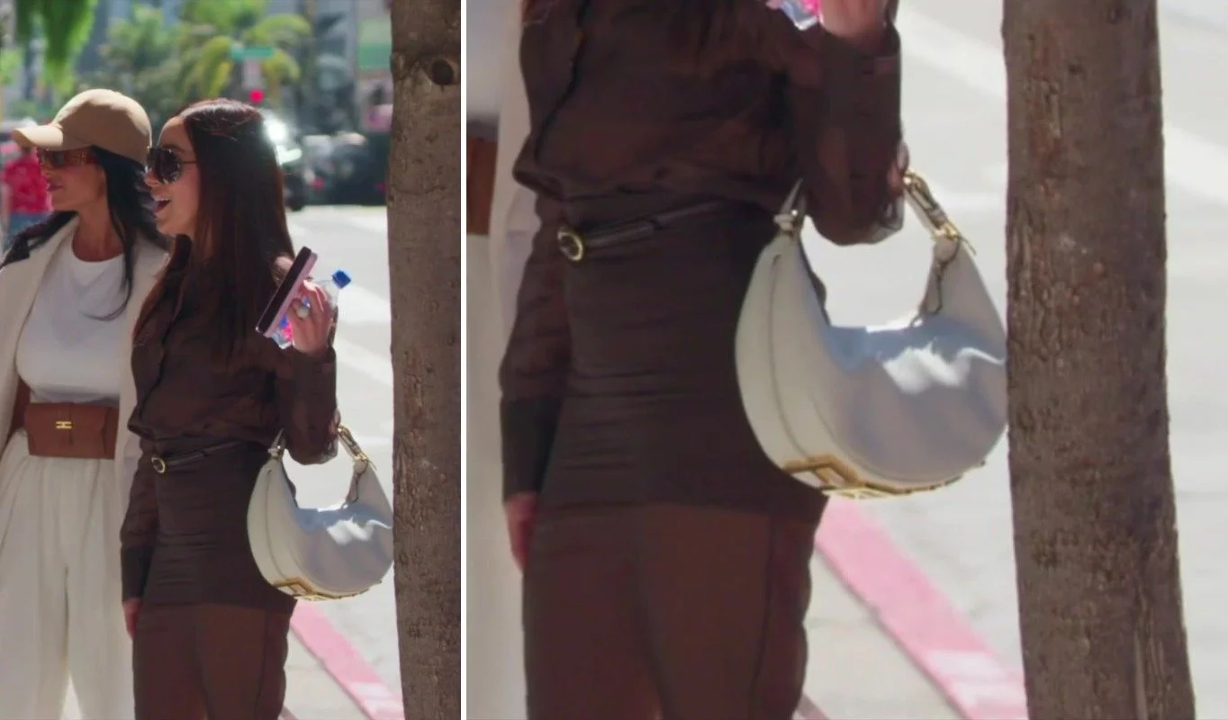 Side-by-side of Angie Katsanevas in chocolate brown and a close-up of her white crescent Fendi Fendigraphy bag with gold FENDI lettering