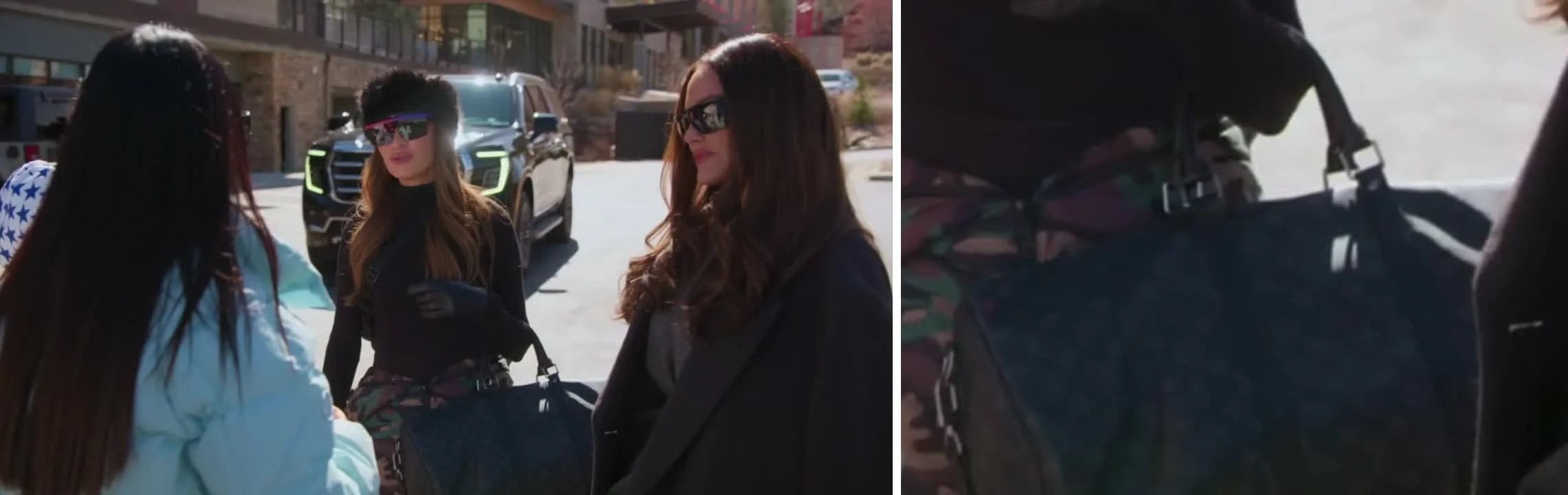 Britani Bateman in a black fur hat and camo ski pants, beside a close-up of her dark monogram duffle bag.