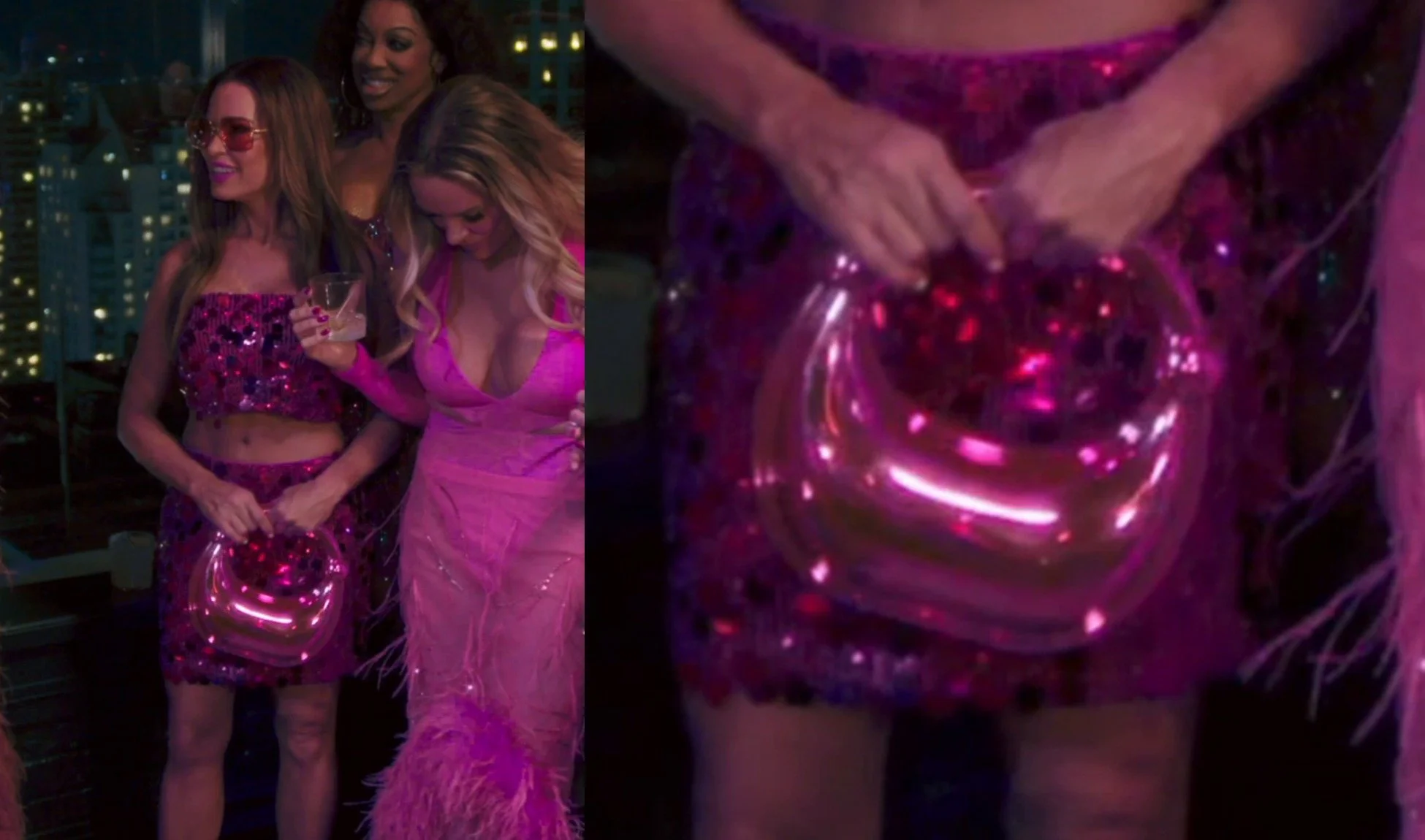 Britani Bateman in a magenta sequin bandeau top and matching mini skirt with pink-tinted sunglasses, holding a glossy metallic pink molded bag with a cutout top handle at Bronwyn's Disco Reunion.