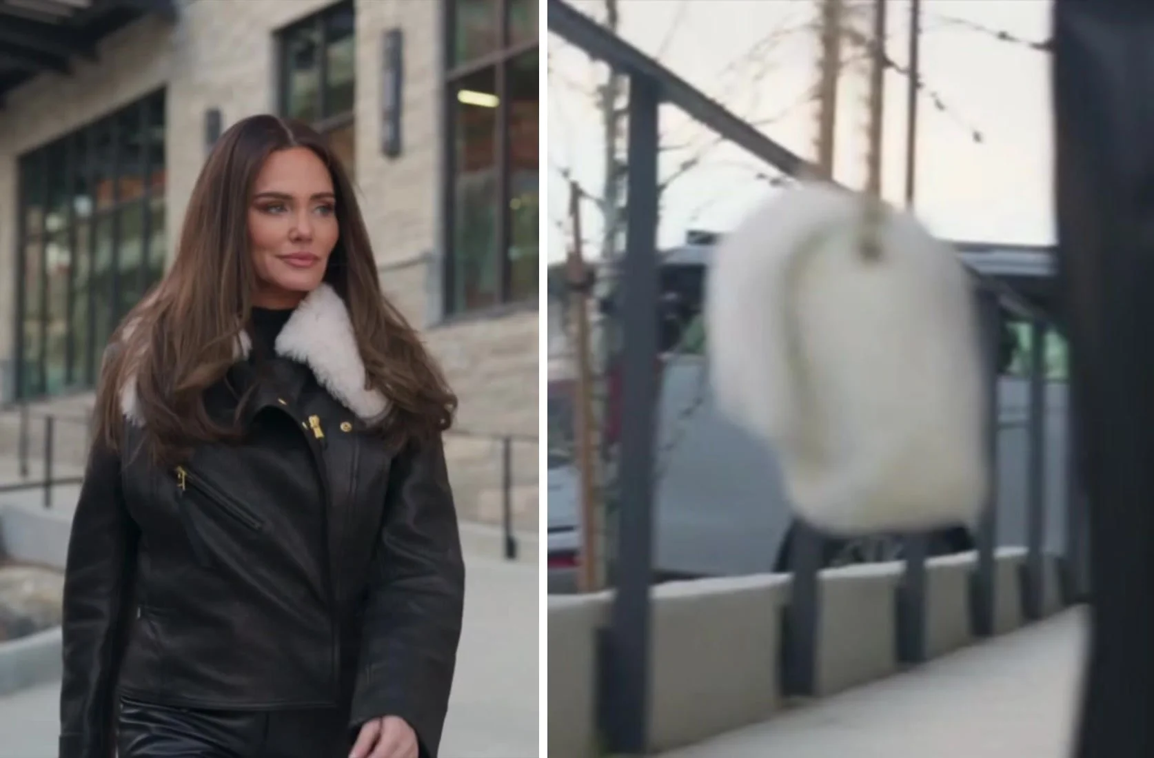 Meredith Marks in a black leather jacket with a shearling collar, beside a close-up of her small white fluffy shearling-style bag on a gold chain, seen in Park City.
