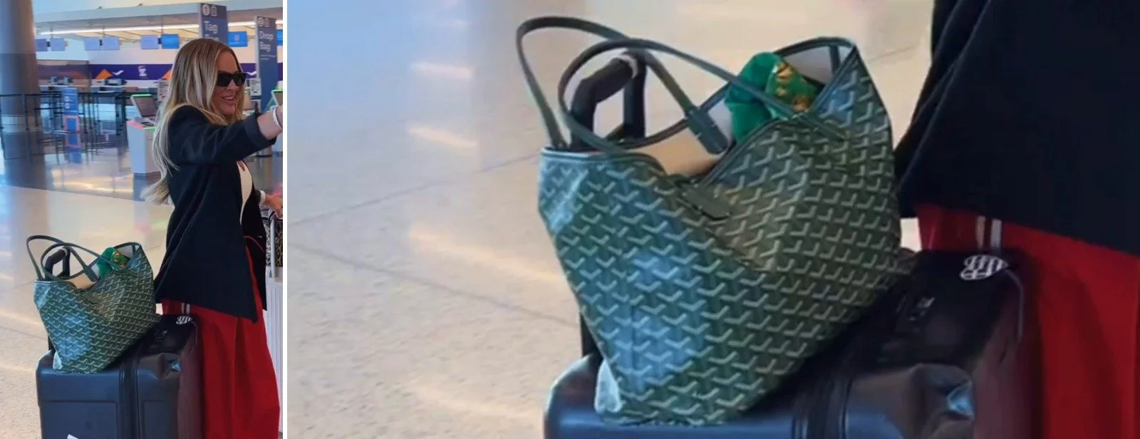 Heather Gay with a green Goyard Saint Louis tote at the airport