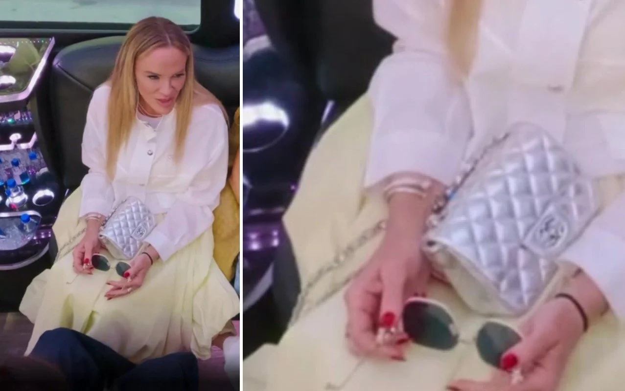 Side-by-side of Heather Gay in a butter-yellow skirt and white shirt holding a quilted metallic silver Chanel flap bag with the CC turnlock