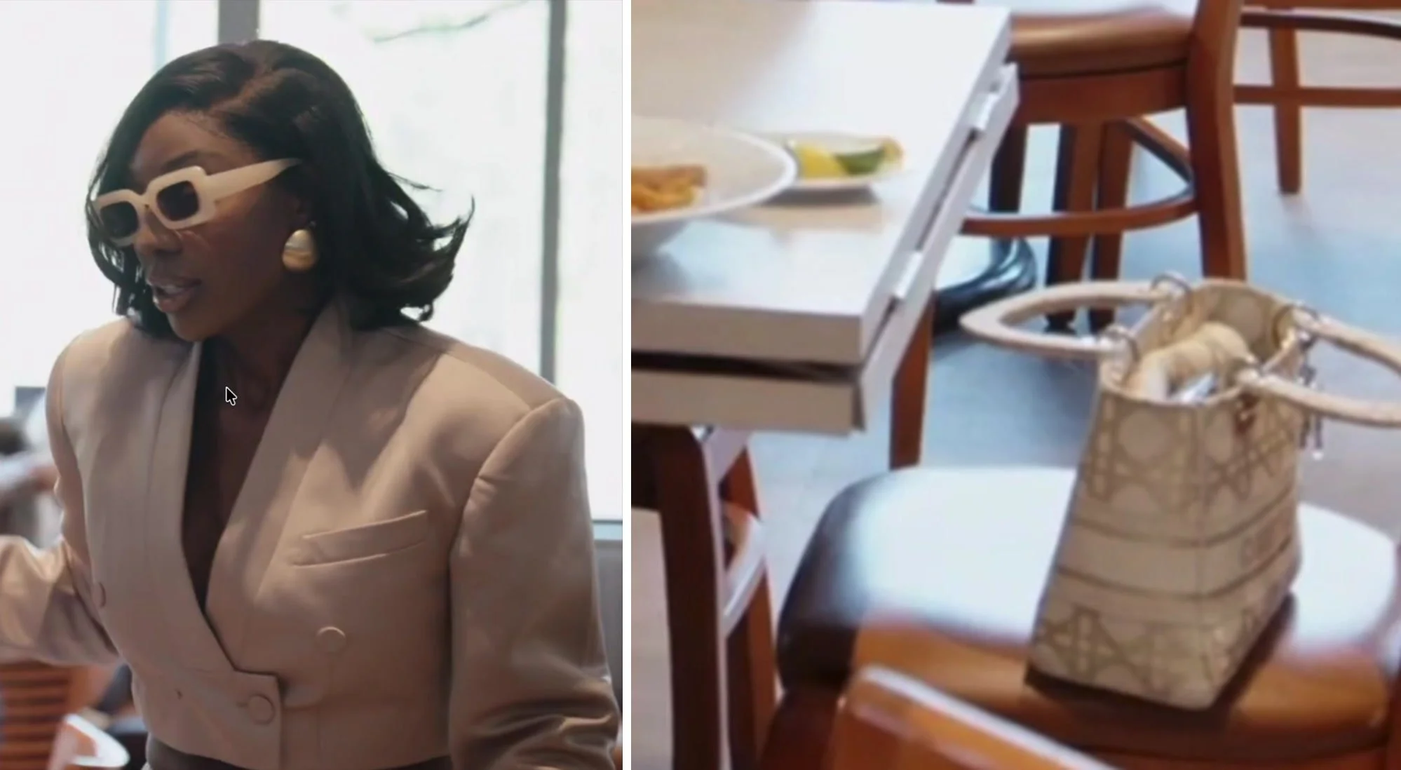 Wendy Osefo in a beige blazer and white sunglasses at lunch (left), and her cream Lady Dior with Cannage stitching (right).