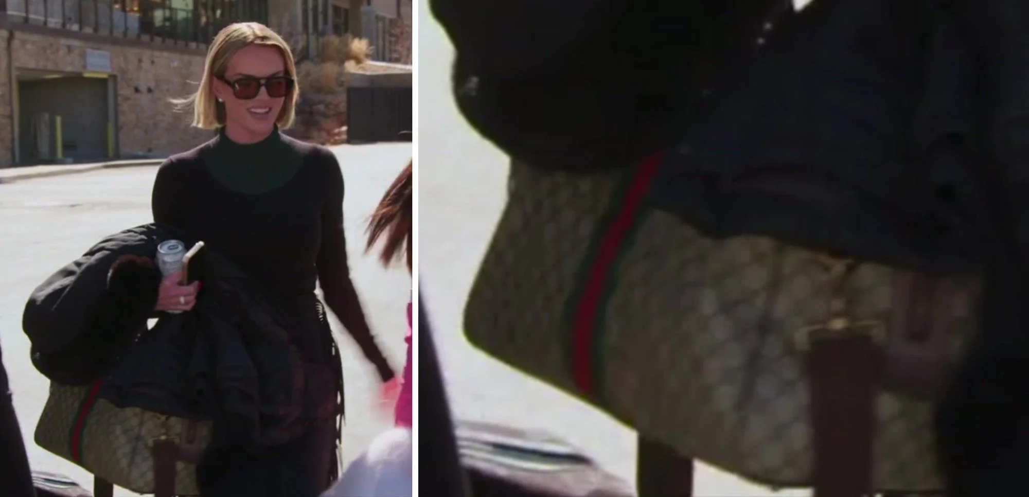 Whitney Rose in a black turtleneck on the ski day, beside a close-up of her Gucci GG Supreme duffle with the green and red Web stripe.