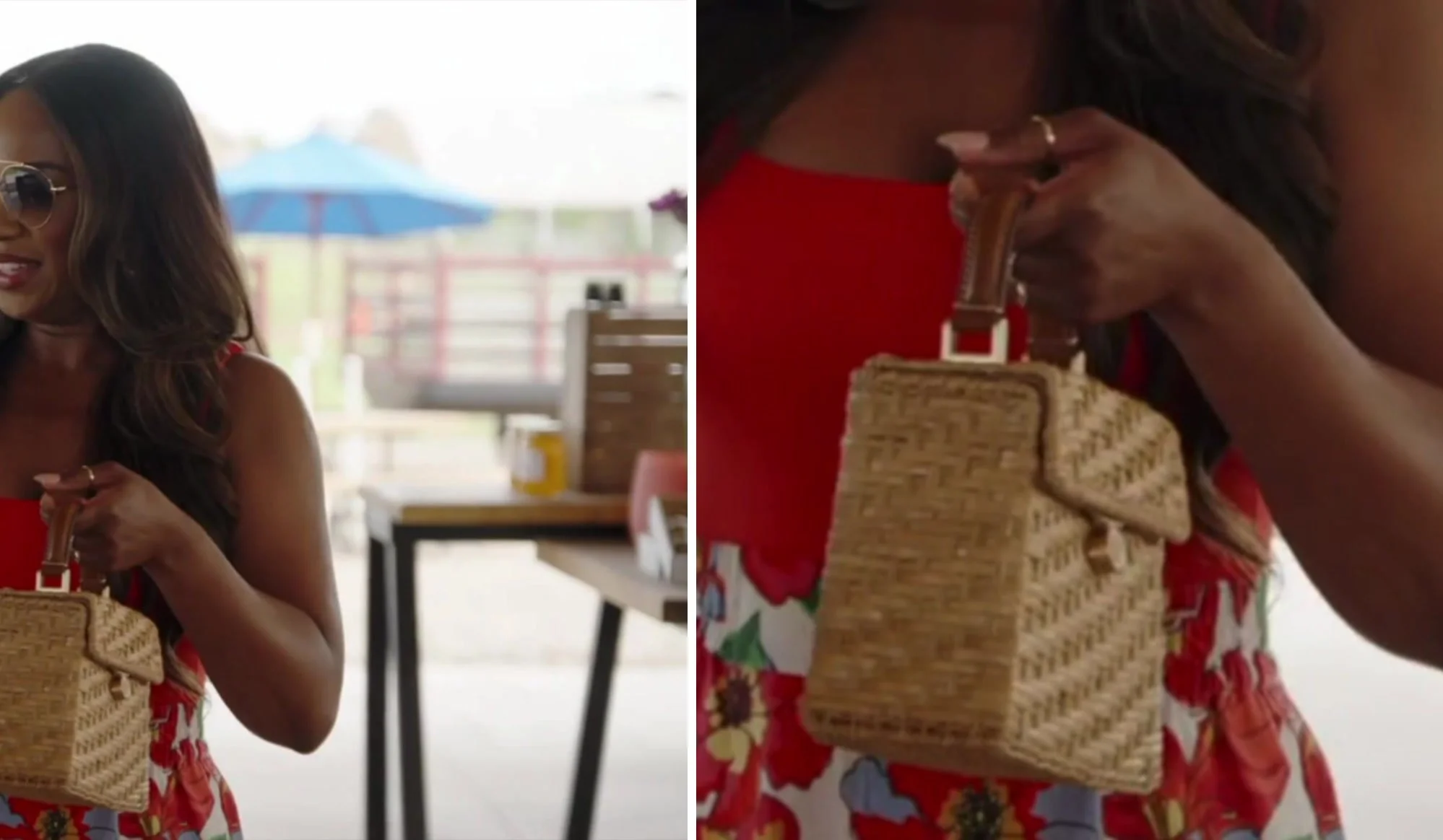 Tia Glover in sunglasses, a red strapless top and floral pants at a tulip farm, holding a woven straw box bag (left), and a close-up of the bag's leather handle and flap (right).
