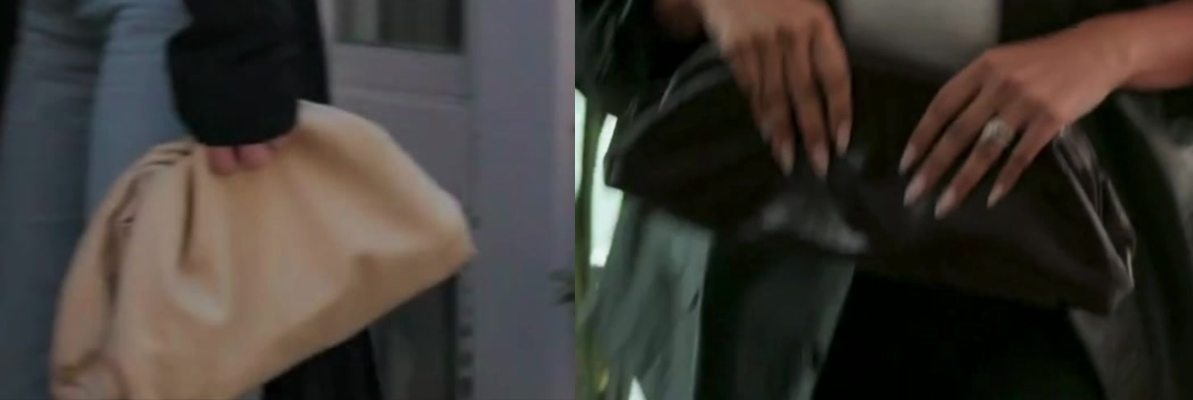 Erin Lichy's beige Bottega Veneta Pouch next to Jessel Taank's black Bottega Veneta Pouch