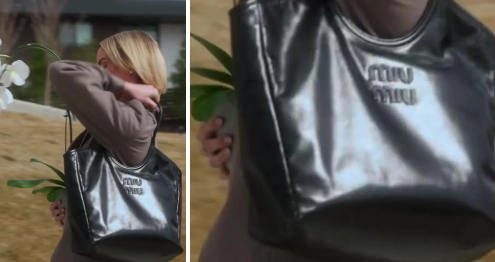 Whitney Rose in a grey blazer, beside a close-up of her black glossy leather tote with a tonal embossed "miu miu" logo on the front, on The Real Housewives of Salt Lake City.
