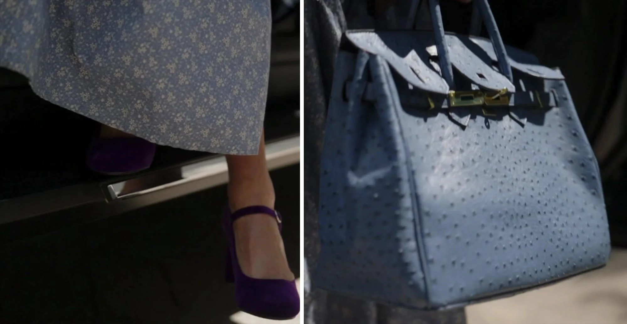 Karen Huger's blue-grey printed dress and purple pumps as she steps out of the car (left), and her blue ostrich Birkin with gold hardware (right).
