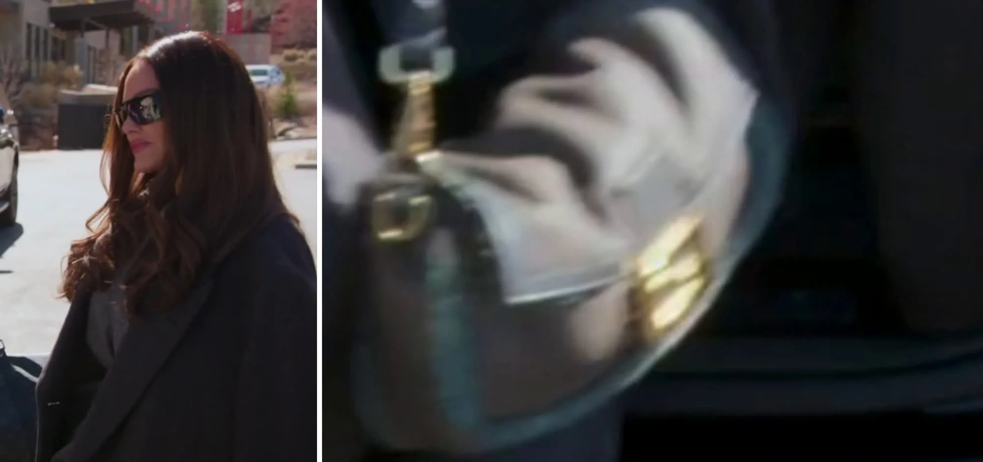 Meredith Marks in a grey coat getting out of a car, beside a close-up of her cream leather Fendi Baguette with teal piping and a gold FF clasp.