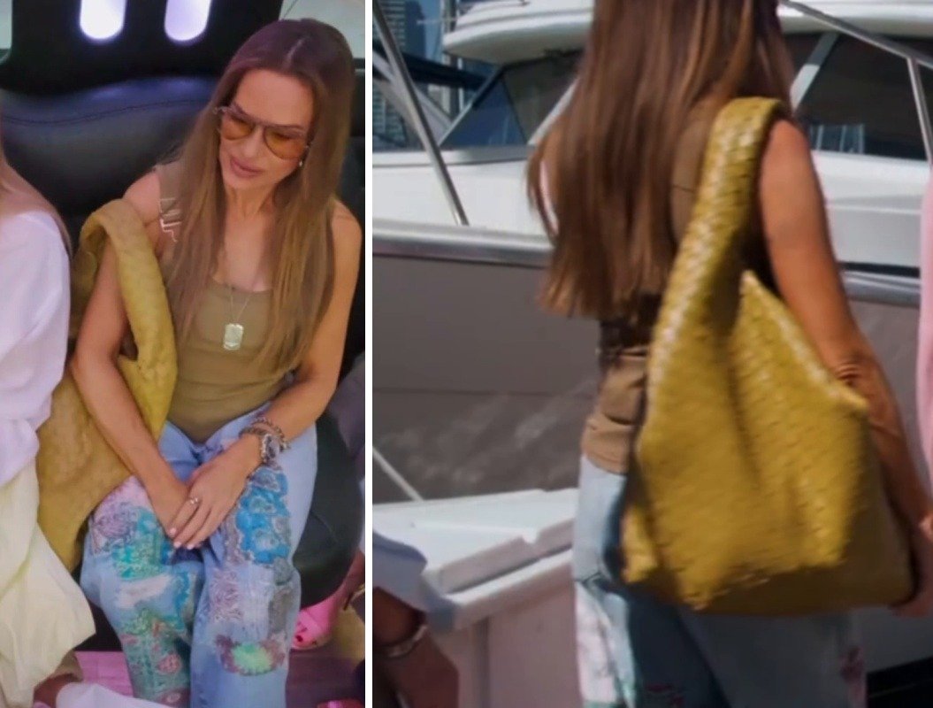 Britani Bateman in an olive tank and paisley jeans on the party bus, beside a close-up of her mustard-green Bottega Veneta Jodie in maxi intrecciato weave, carried on her shoulder while boarding the boat in San Francisco.