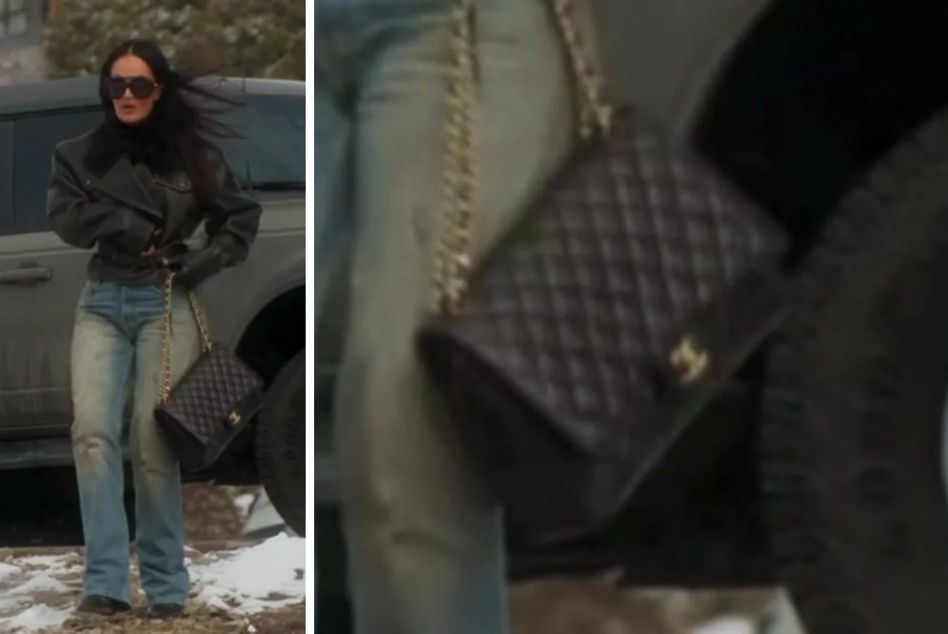 Lisa Barlow in a black moto jacket with a fur collar and wide-leg jeans in the snow in Park City, beside a close-up of her black quilted Chanel flap bag with gold hardware, on The Real Housewives of Salt Lake City.