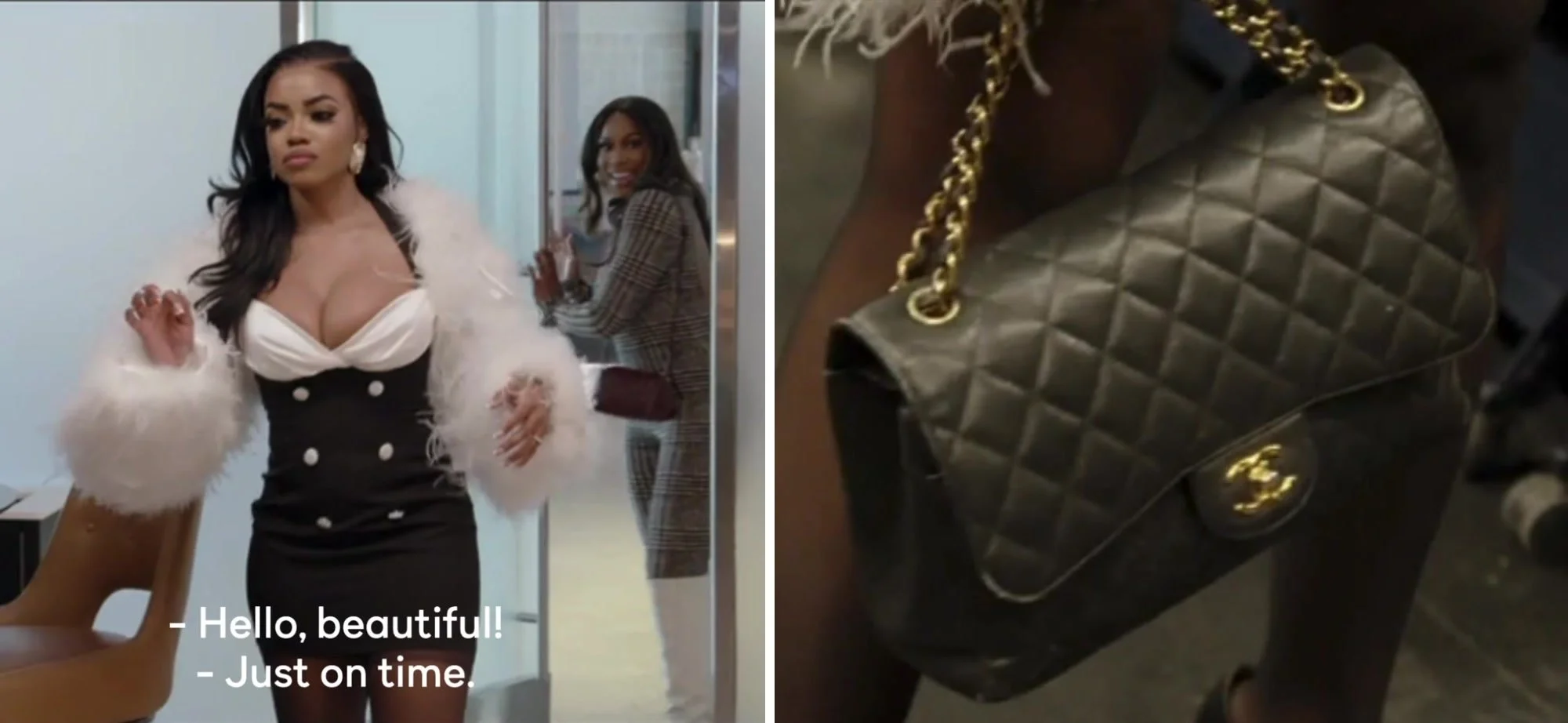Courtney Ajinça in a white feather shrug over a black and white corset mini dress (left), and a close-up of her black quilted Chanel Classic Flap with a gold CC turn-lock and chain strap (right).