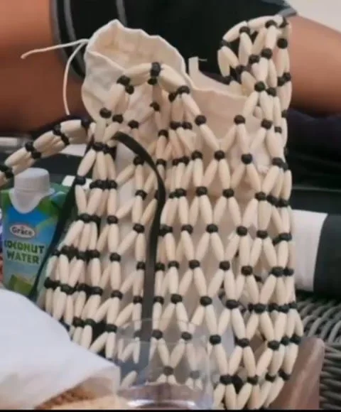 Jessel's ivory and black beaded net bucket bag