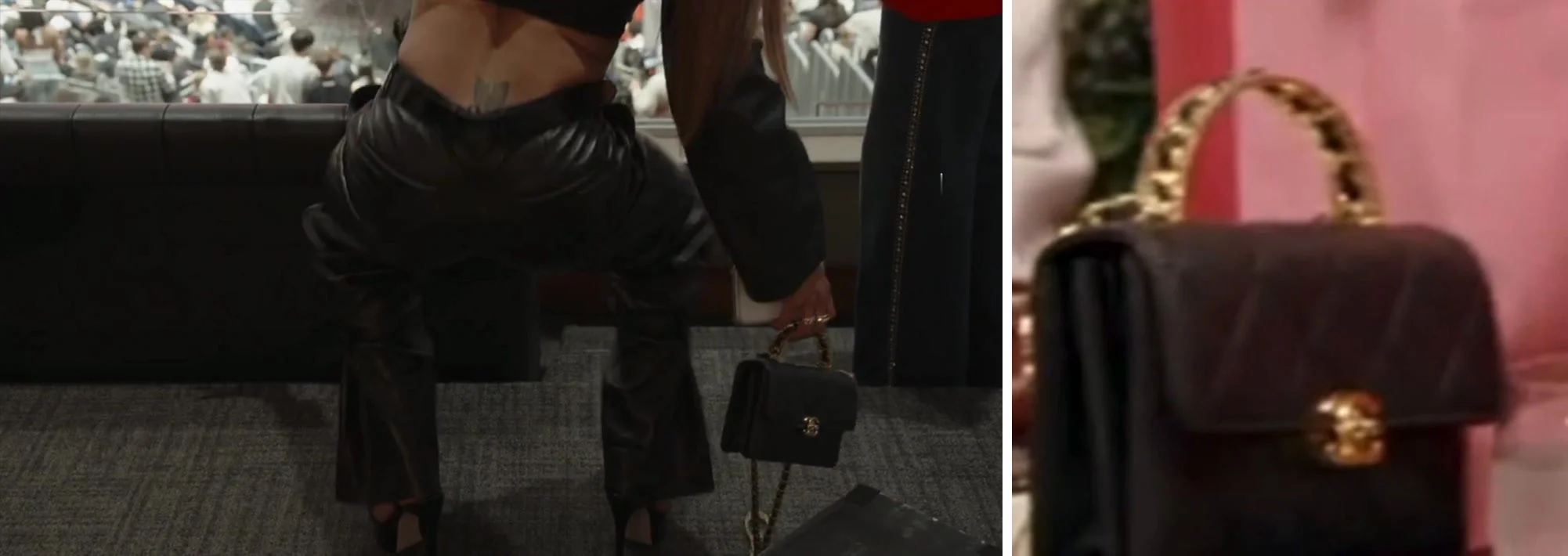 Ashley Darby in a black leather crop top and pants dancing in an arena suite with a small black quilted Chanel flap on a gold chain top handle in her hand (left), and a close-up of the same bag on a lounge table (right).