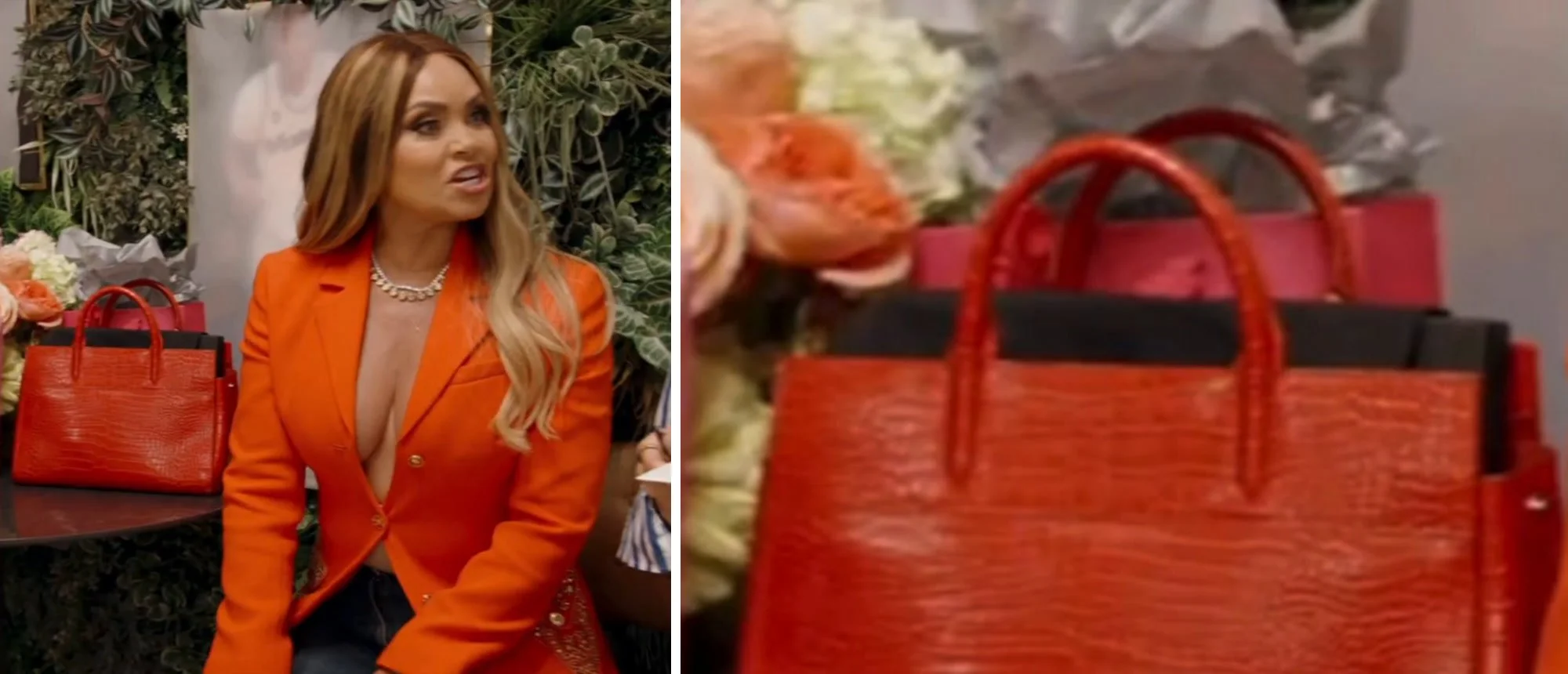 Gizelle Bryant in an orange blazer beside her red croc-embossed tote (left), and a close-up of the tote's rolled handles (right).