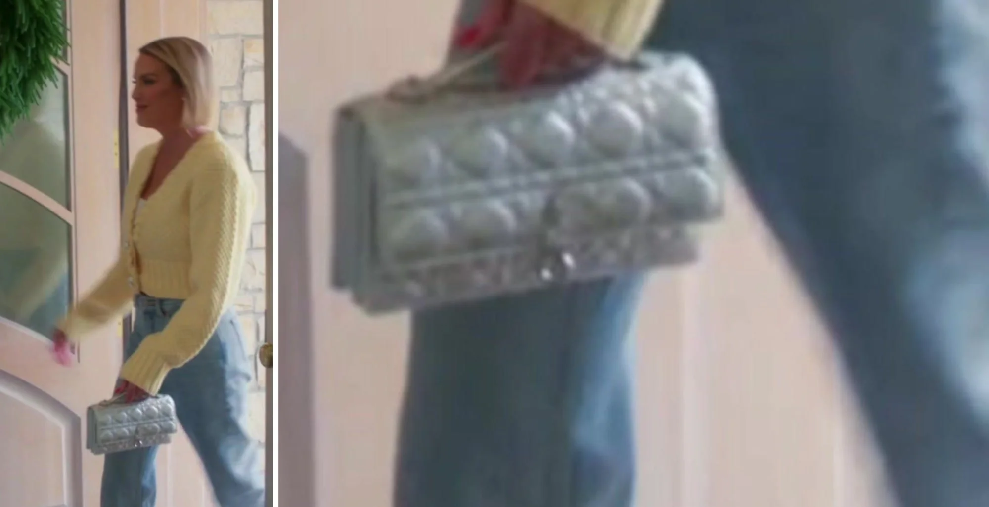 Whitney Rose in a yellow cardigan arriving at Bronwyn Newport's house, beside a close-up of what looks like her silver metallic My Dior Mini bag with Cannage quilting, D.I.O.R. charms and a chain strap.
