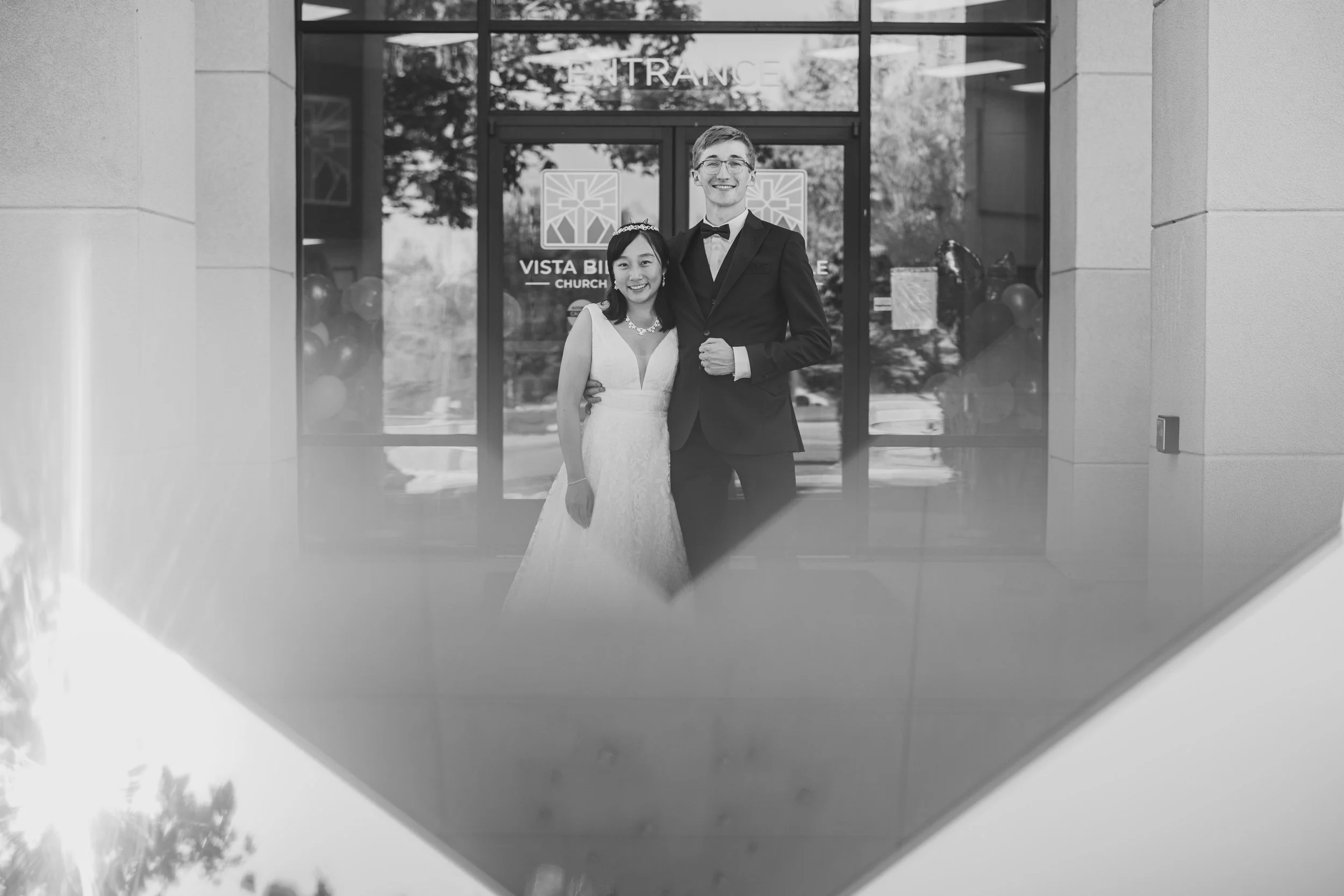 bride and groom outside church