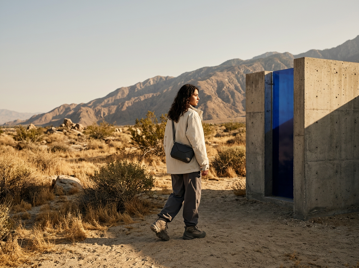 A woman with curly hair, wearing a light jacket, dark pants, and hiking boots, stands in a desert landscape with mountains in the background, looking at an abstract concrete structure with blue glass panels.