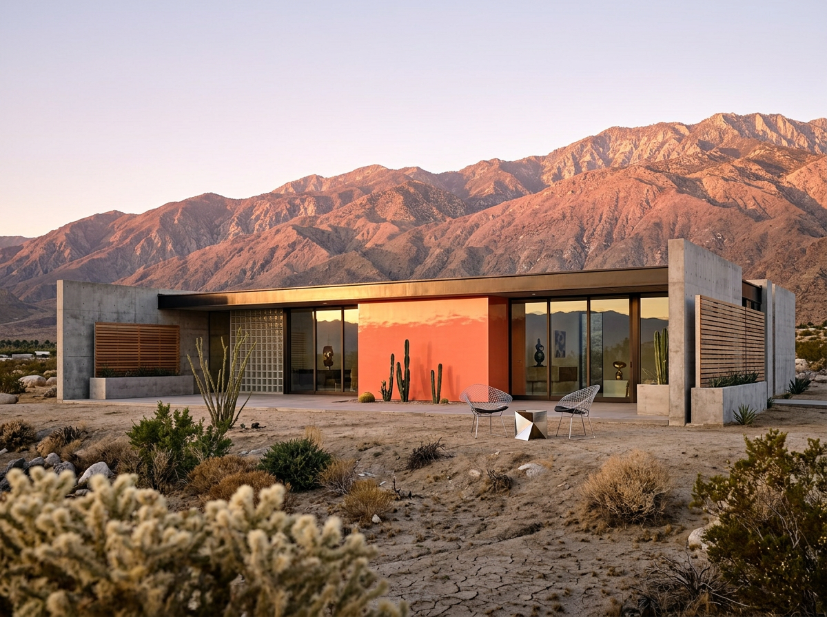 Modern house built with concrete and glass, featuring desert landscaping with cacti and bushes, set against a mountainous backdrop at sunset.