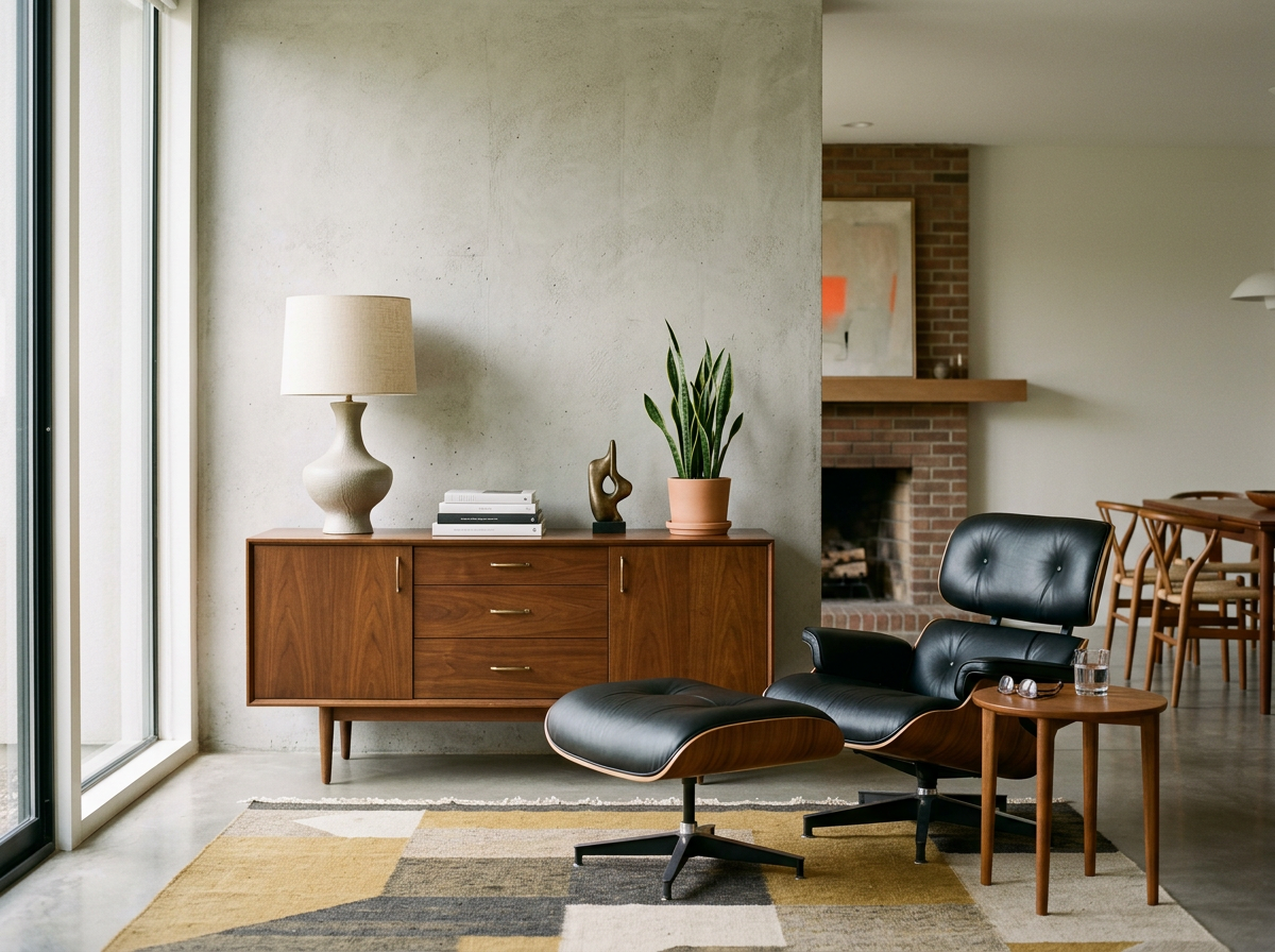 Modern living room corner with black leather lounge chair and ottoman, wooden side table with glass of water, wooden sideboard with a lamp, books, abstract sculpture, and potted plant, concrete wall, and brick fireplace in background.