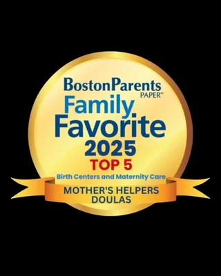 Gold medal-shaped graphic with text indicating Boston Parents Family Favorite 2025 Top 5 for Birth Centers and Maternity Care, Mothers Helpers Doulas.