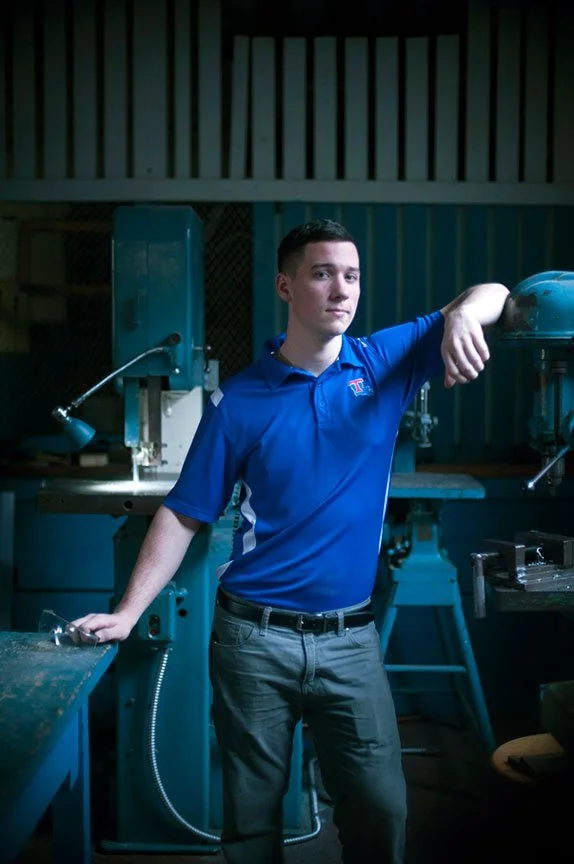 Louisiana Tech engineering student Nathaniel Pruden stands inside the EcoCar workshop.