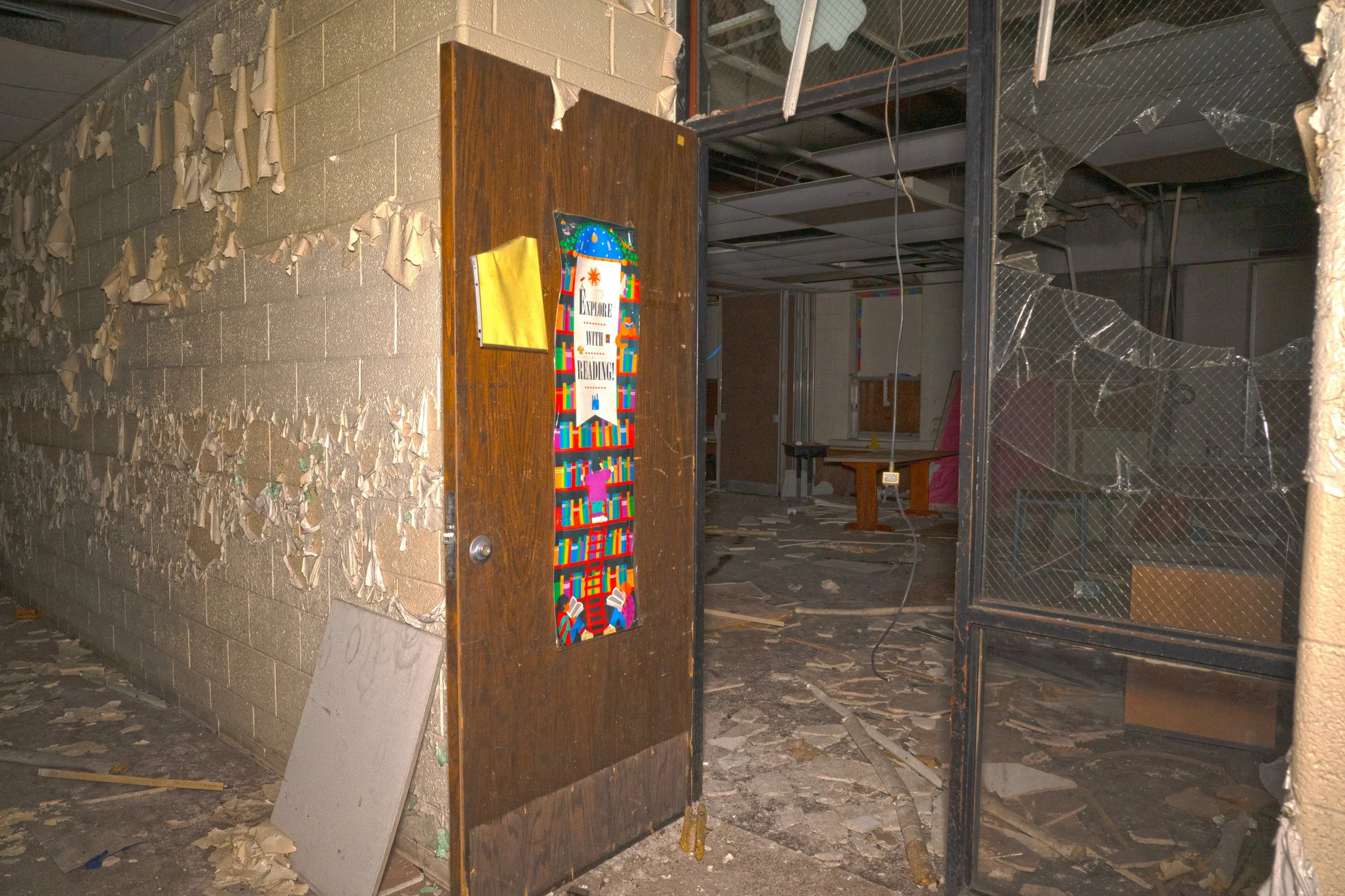 Many windows have been smashed looking into the classrooms