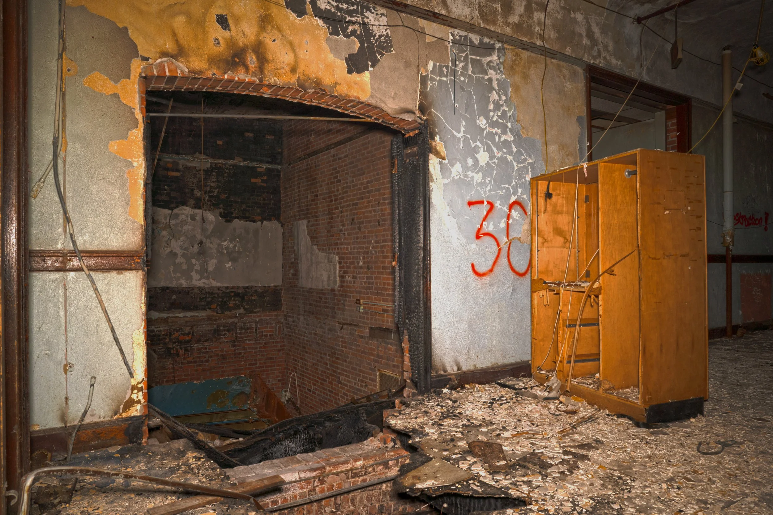 A entrance to a 1st floor classroom that has suffered fire damage