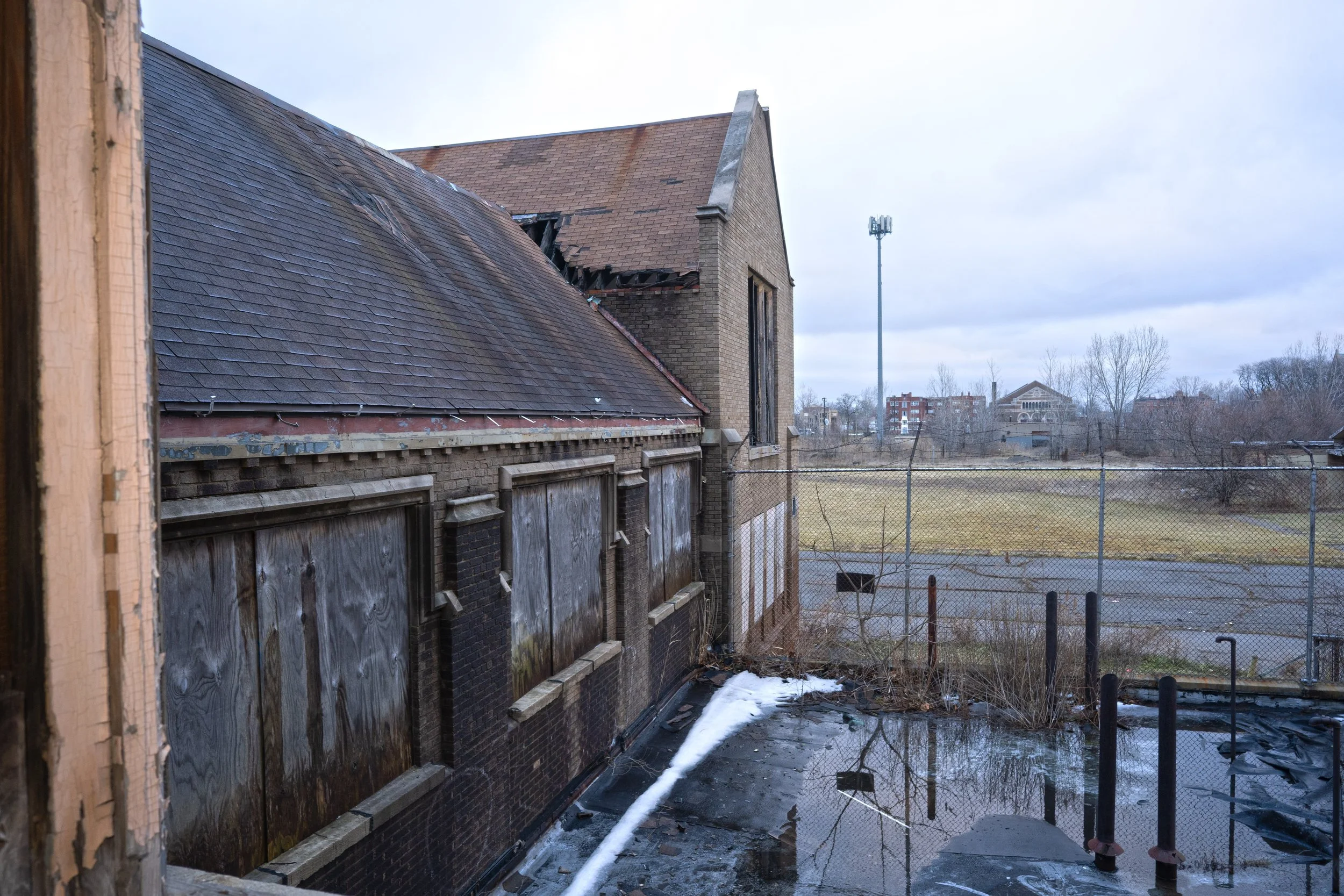 view of a side section of the school from a 2nd floor classroom window