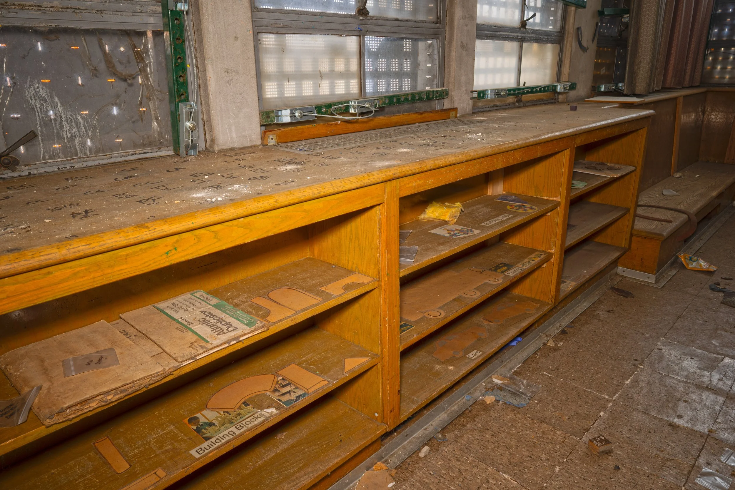 Kindergarten room shot 4 (Note the labels still intact on the shelves, along with outlines of blocks)
