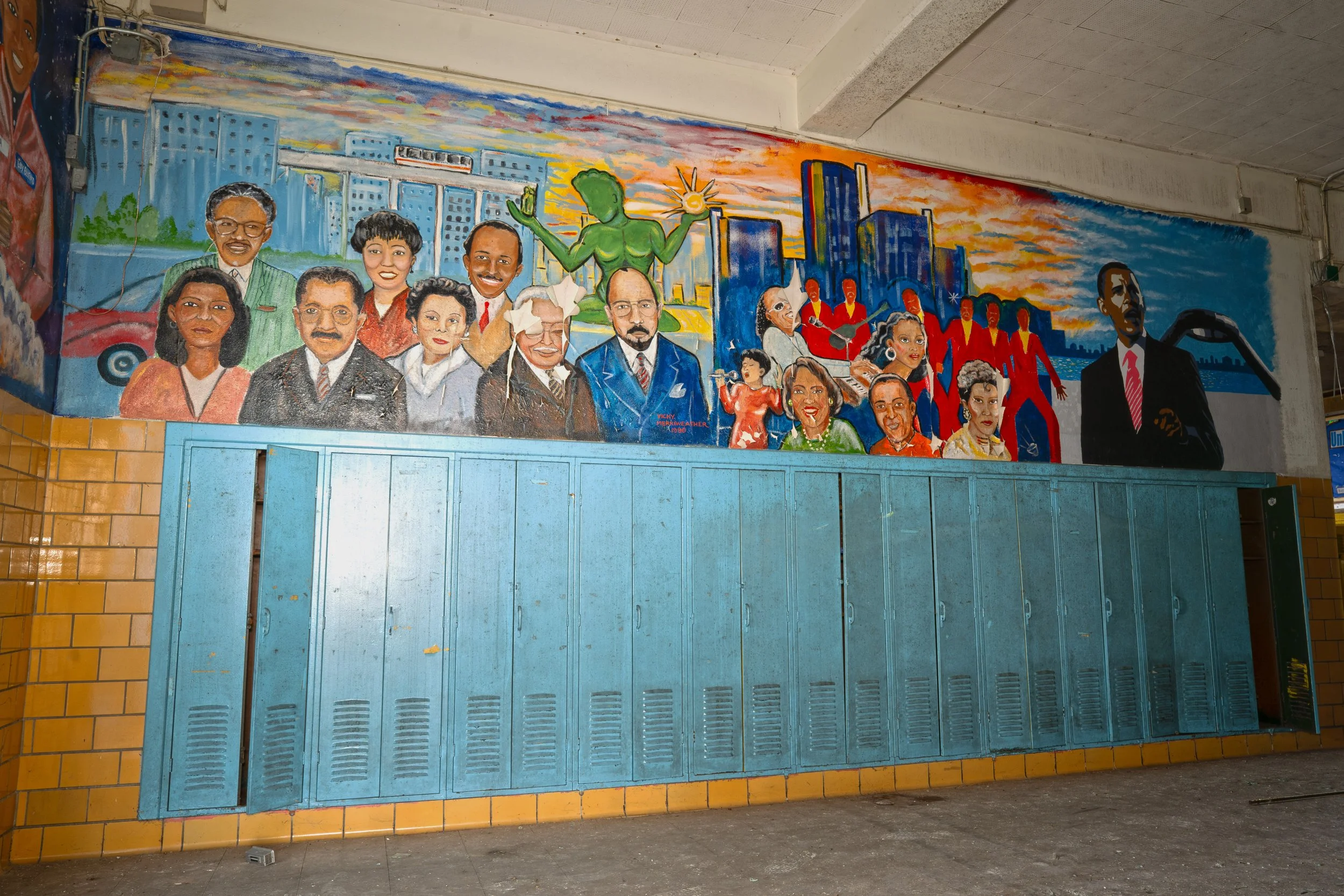 Murals on the 1st floor shot 7 (A mural that depicts Black legends from Detroit, alongside Barack Obama) 