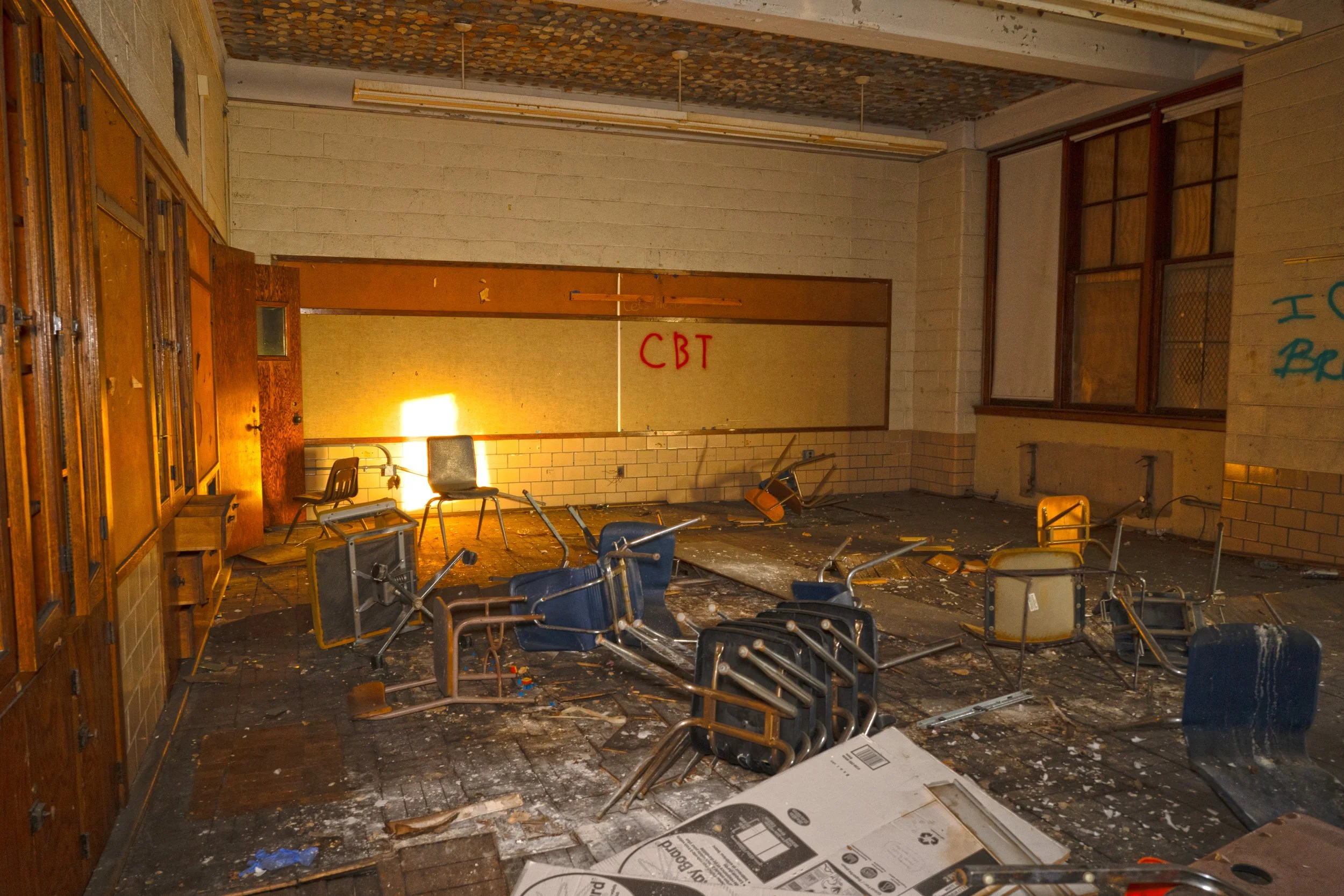 In some classrooms chairs and desks remain