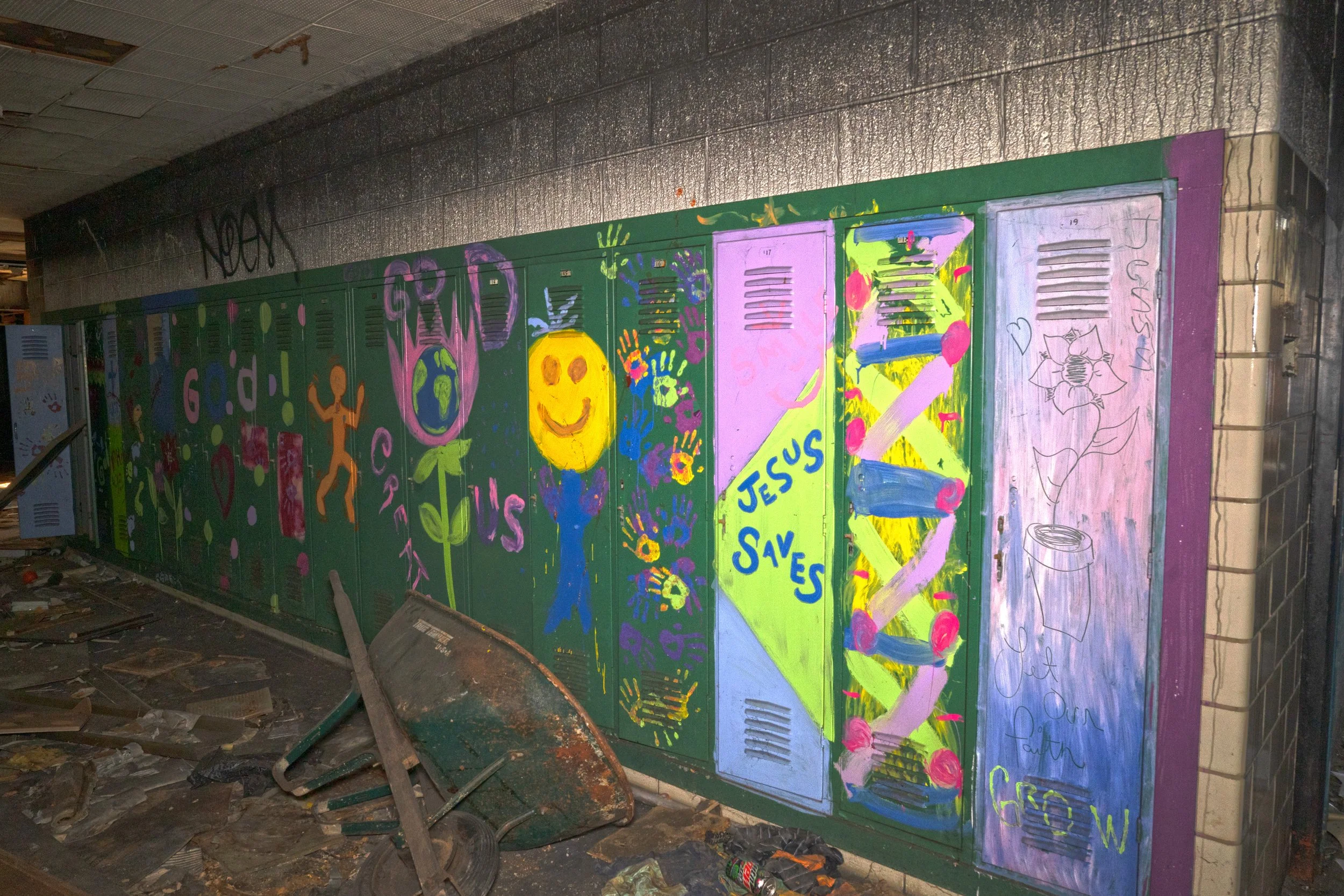 A likely original art mural of sorts on a locker set 