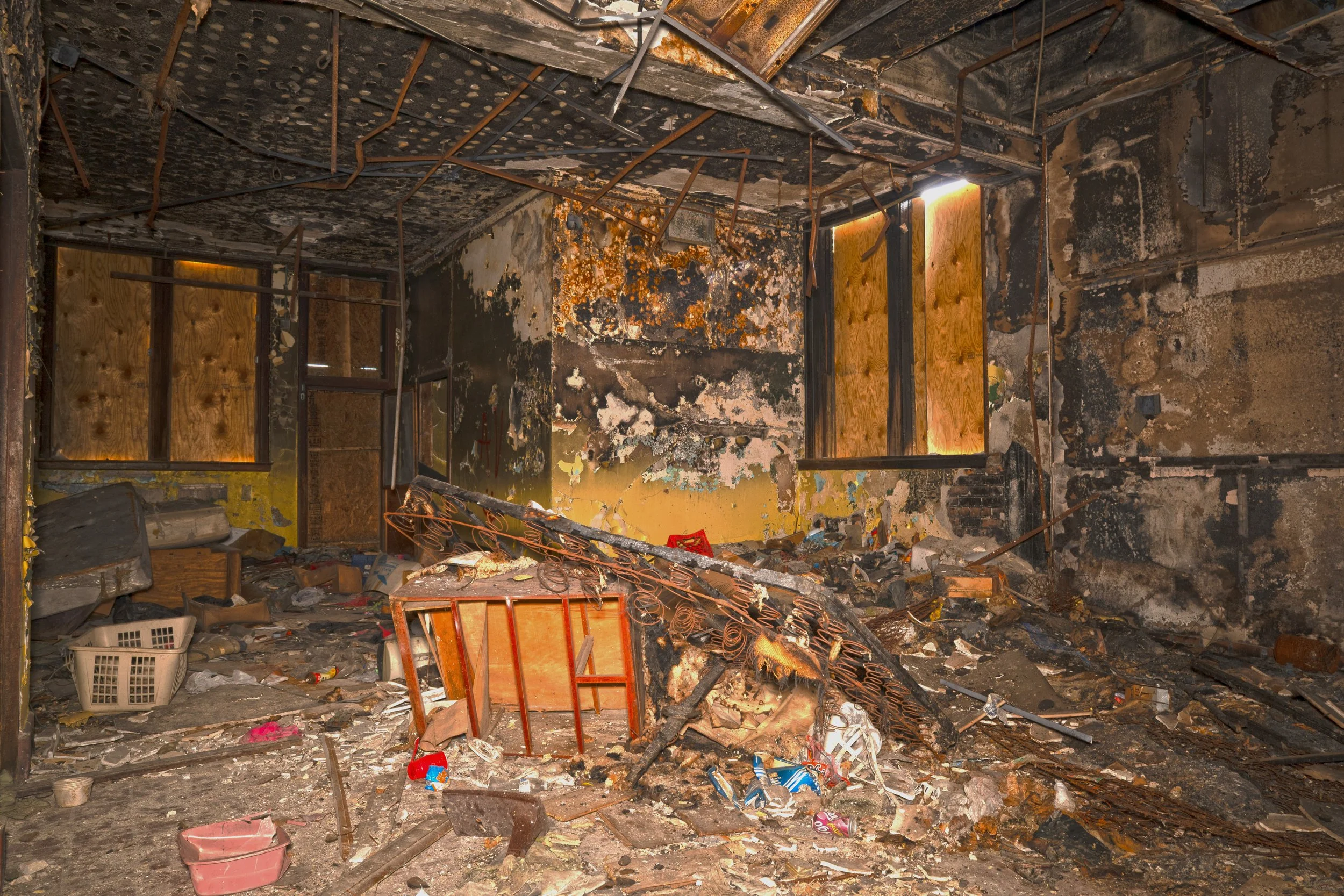 Kitchen area with fire damage