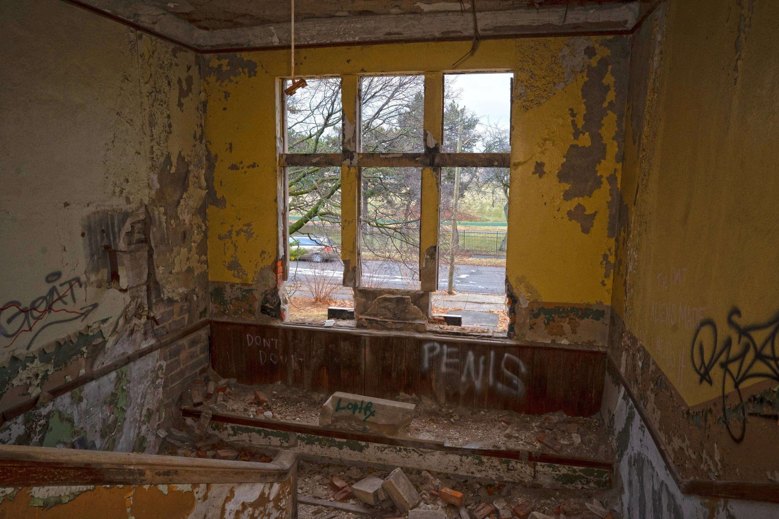 All of the windows have been scrapped from the school