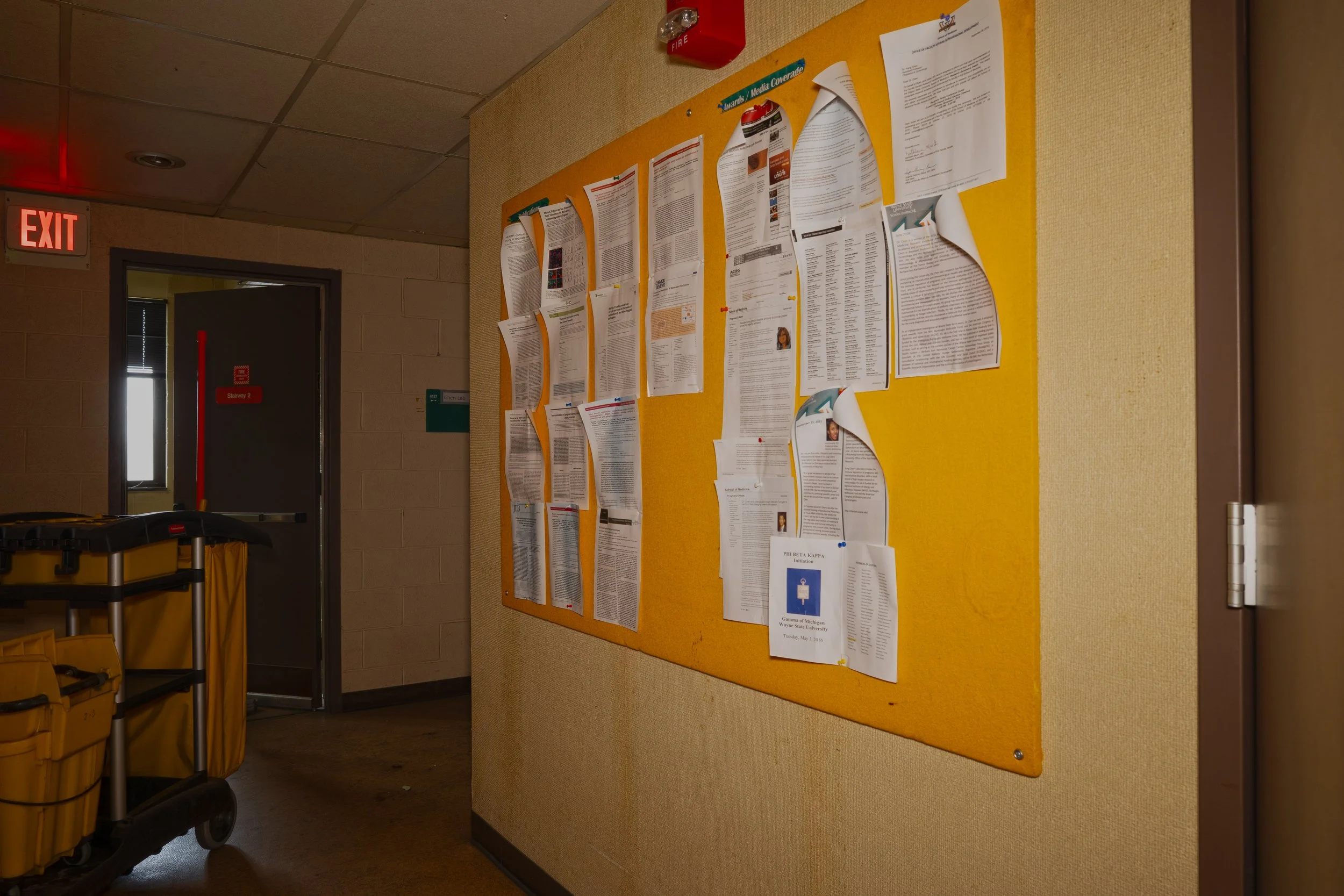 4th floor hallway a display board remains as it did when the place closed