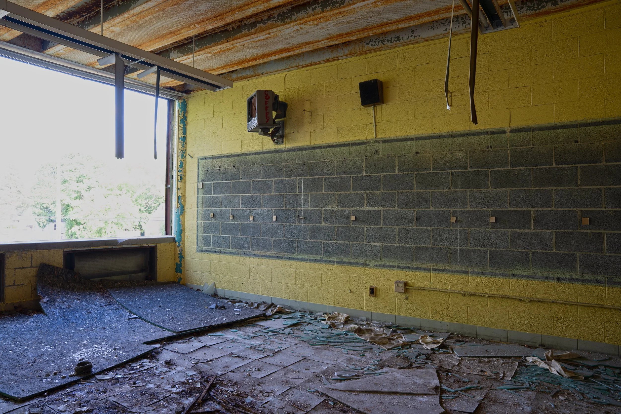 2nd floor classroom (Note the CRT TV this is the only intact CRT in the whole school, however the screen is smashed in)