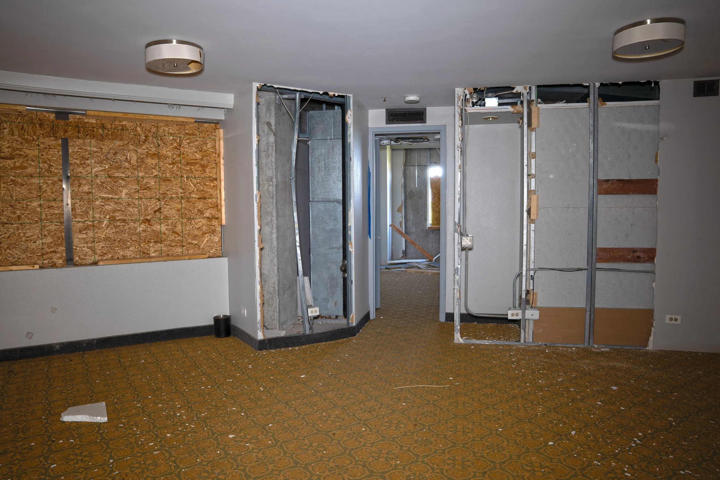 This 9th floor hotel room has been largely gutted