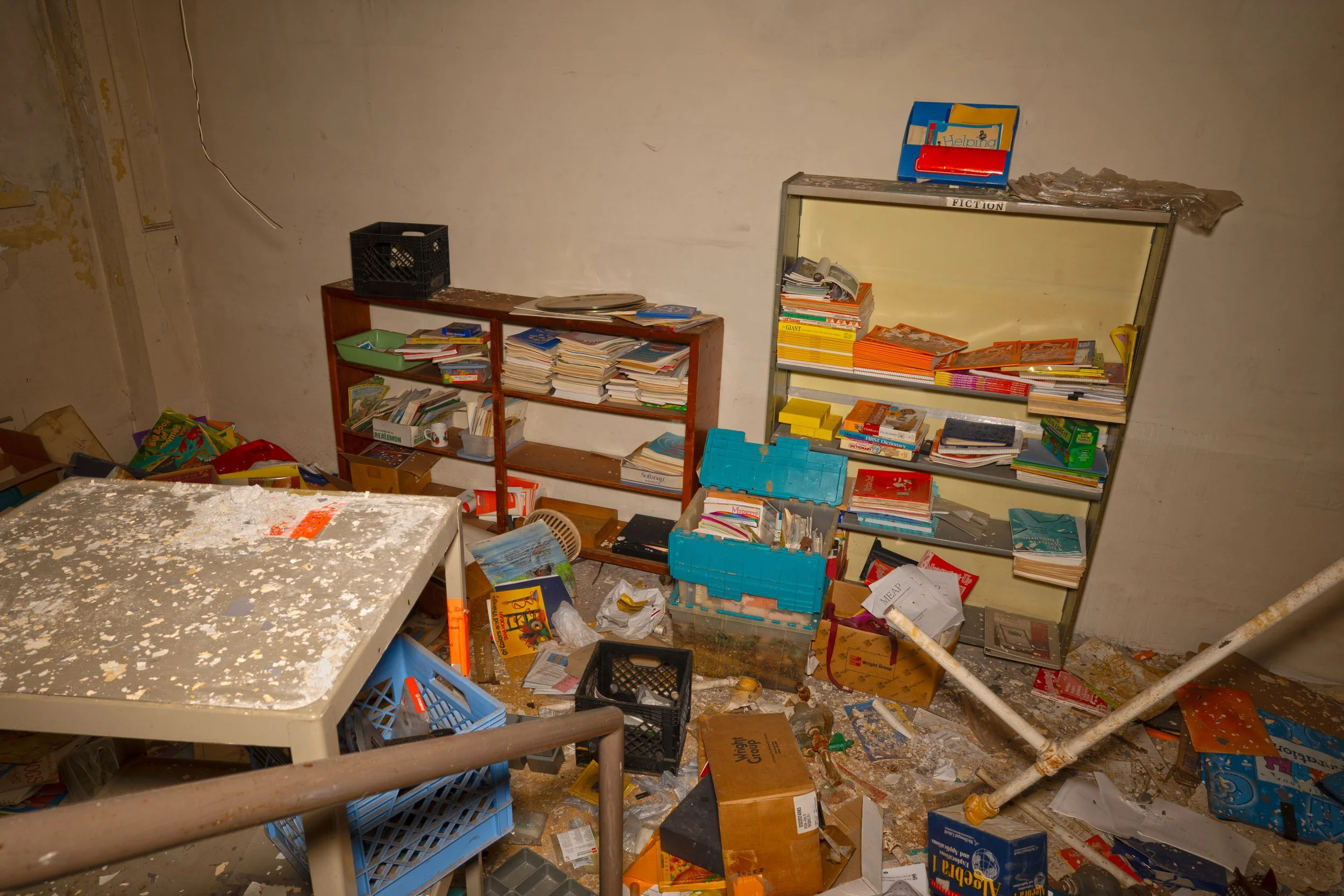 left behind textbooks and other supplies in a storage room