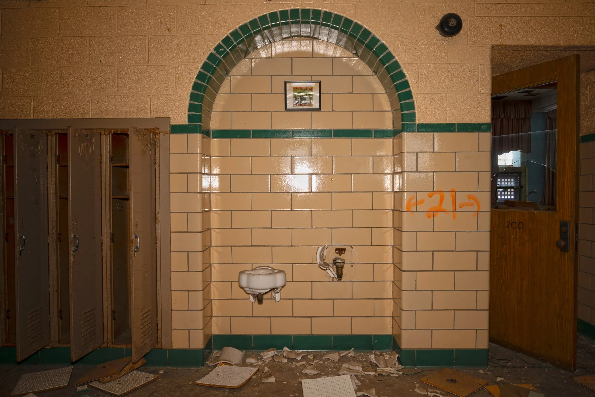 A very rare intact item in abandoned Detroit Schools is on the 2nd floor and is a drinking fountain 